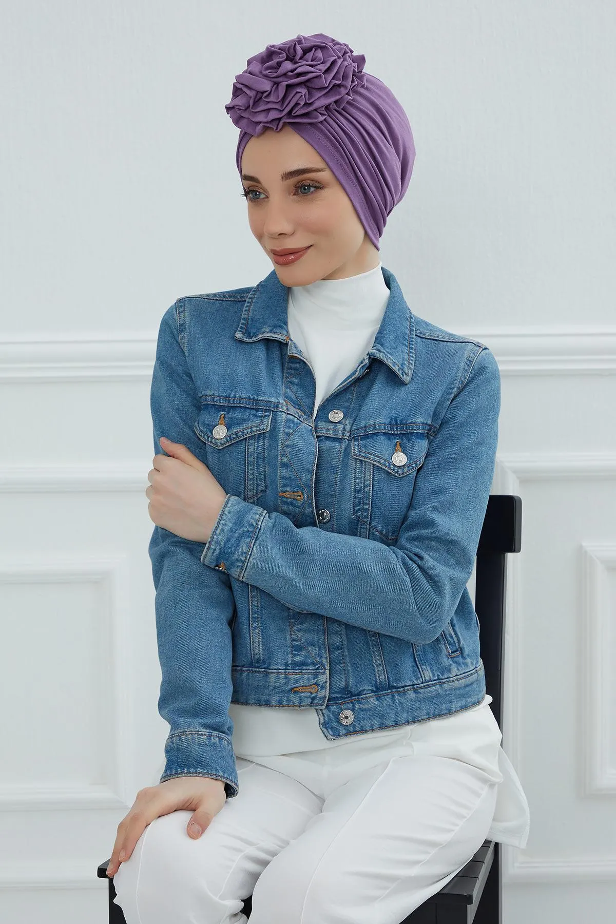 Chic Rose Accent Instant Turban Hijab for Women, Cotton Scarf Chemo Head Wrap, Plain Bonnet Cap with a Beautiful Big Handmade Rose,B-21
