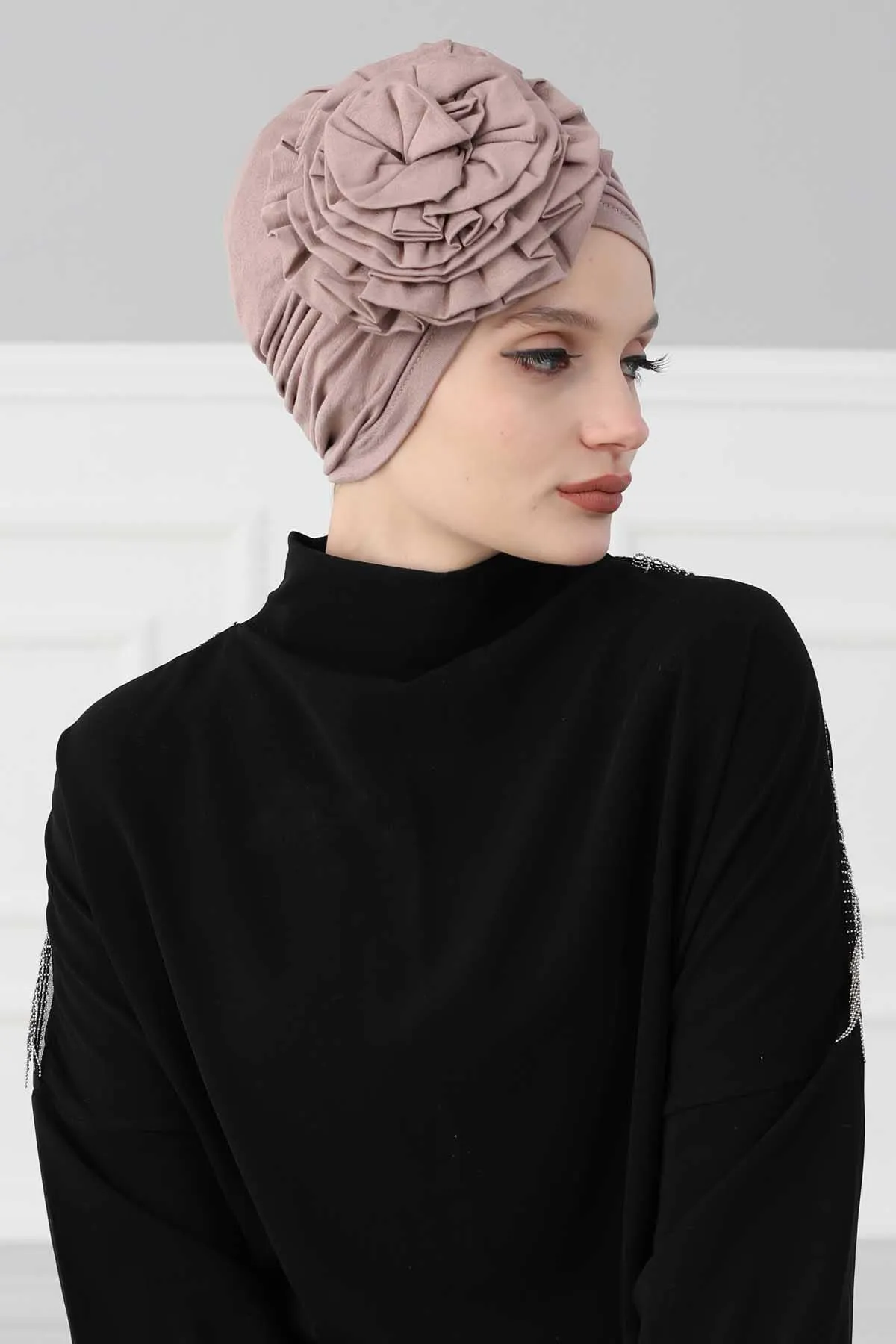 Chic Rose Accent Instant Turban Hijab for Women, Cotton Scarf Chemo Head Wrap, Plain Bonnet Cap with a Beautiful Big Handmade Rose,B-21