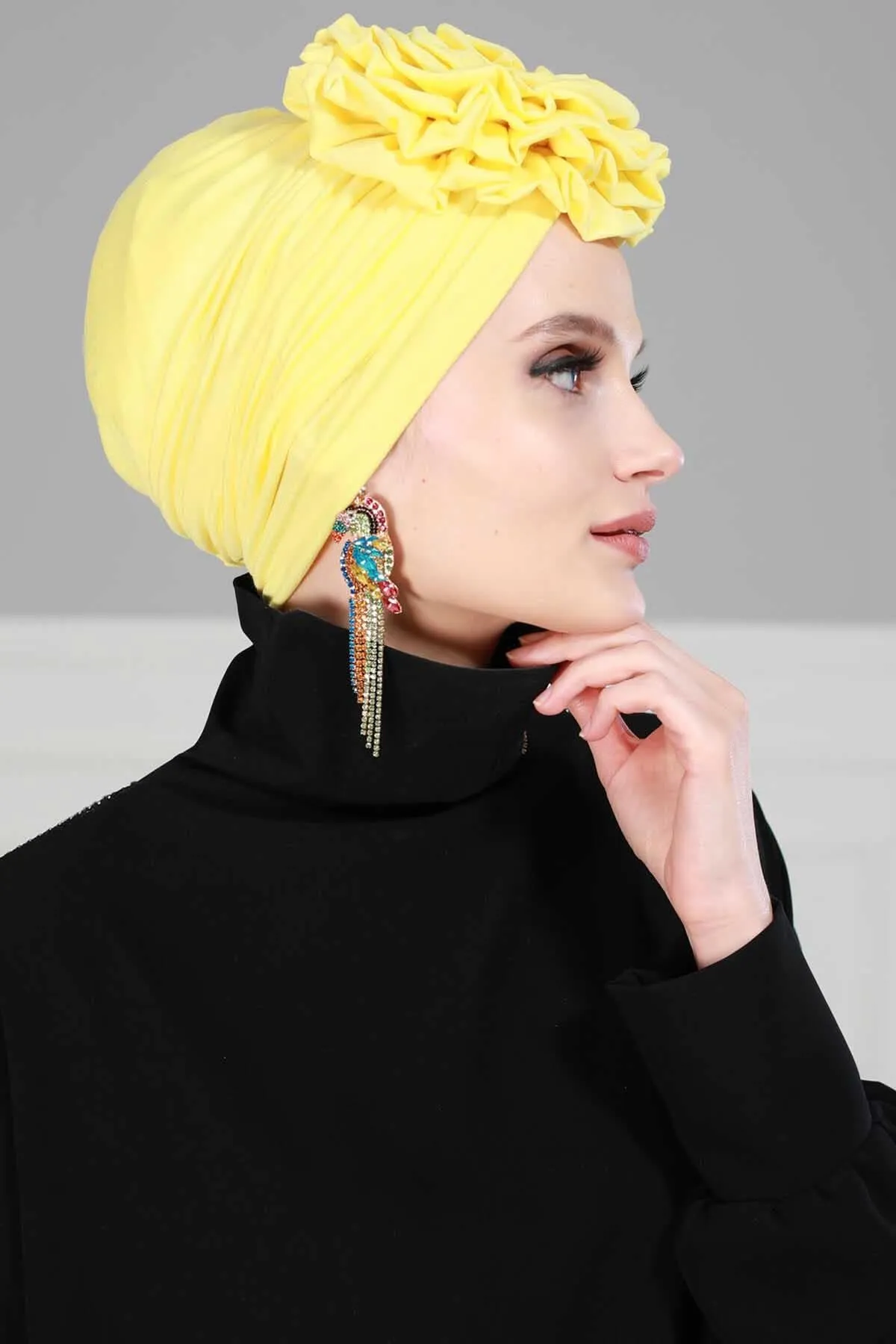 Chic Rose Accent Instant Turban Hijab for Women, Cotton Scarf Chemo Head Wrap, Plain Bonnet Cap with a Beautiful Big Handmade Rose,B-21