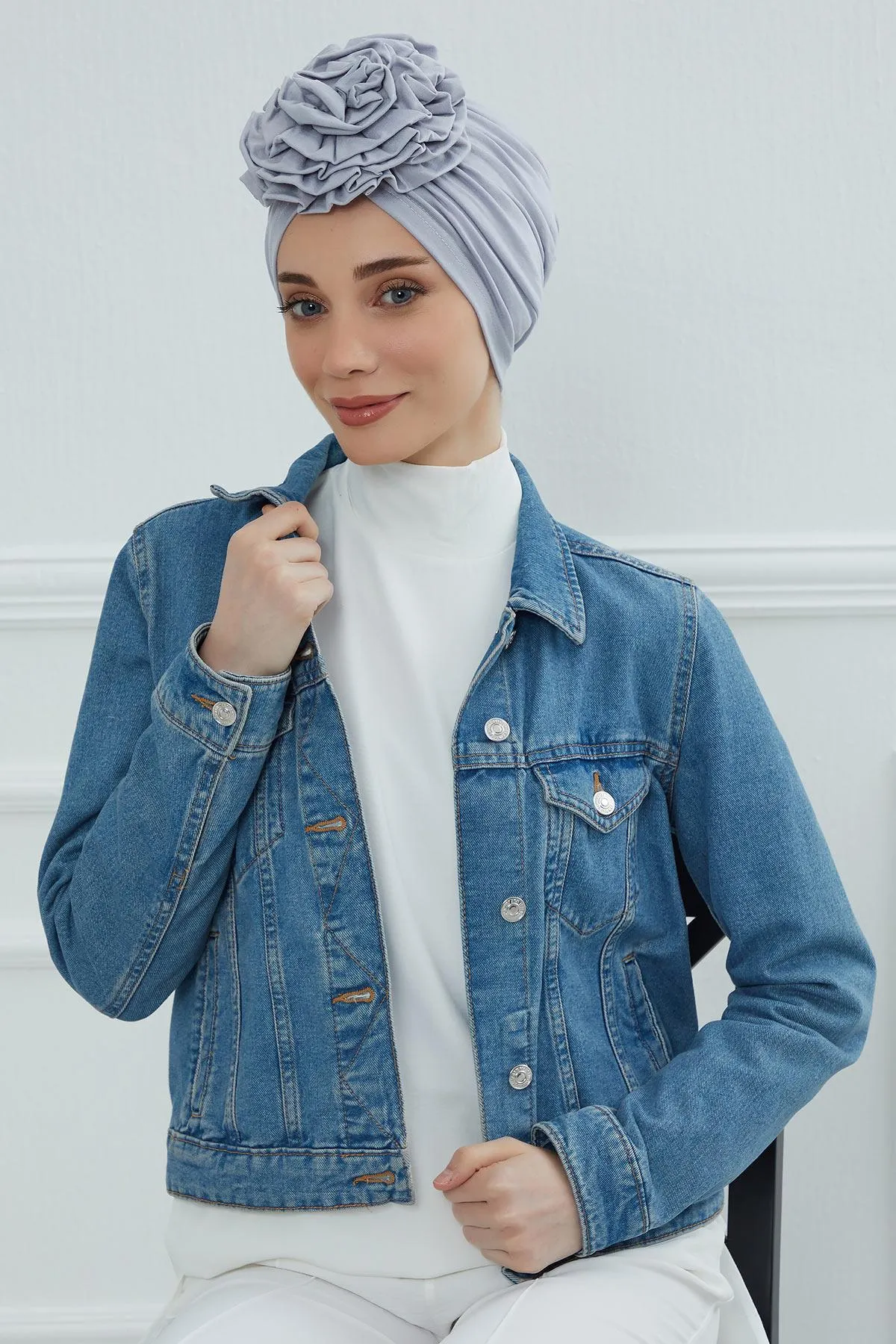 Chic Rose Accent Instant Turban Hijab for Women, Cotton Scarf Chemo Head Wrap, Plain Bonnet Cap with a Beautiful Big Handmade Rose,B-21