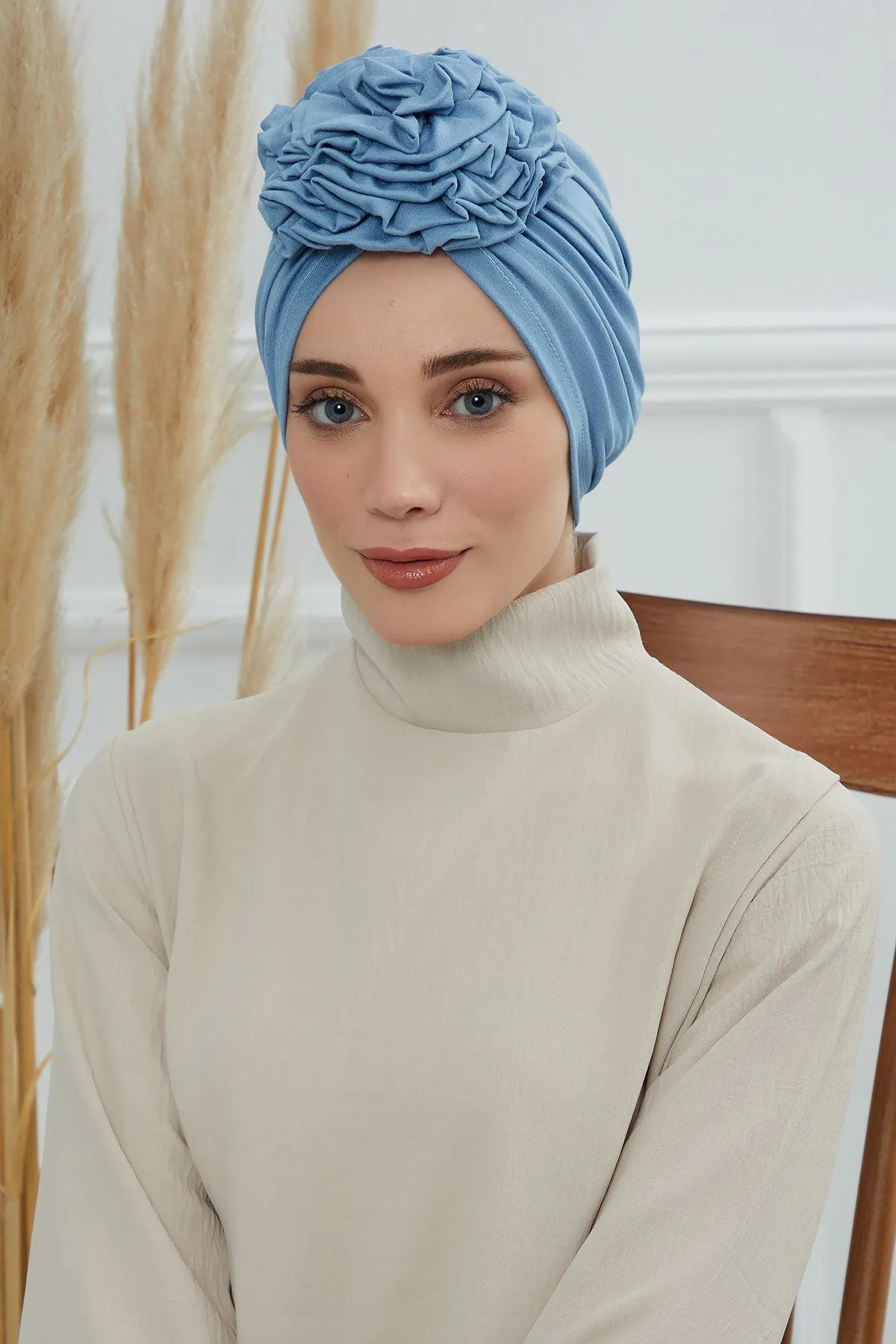 Chic Rose Accent Instant Turban Hijab for Women, Cotton Scarf Chemo Head Wrap, Plain Bonnet Cap with a Beautiful Big Handmade Rose,B-21