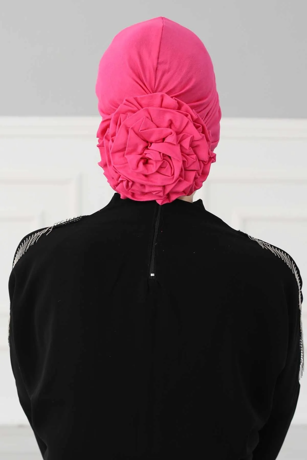 Chic Rose Accent Instant Turban Hijab for Women, Cotton Scarf Chemo Head Wrap, Plain Bonnet Cap with a Beautiful Big Handmade Rose,B-21