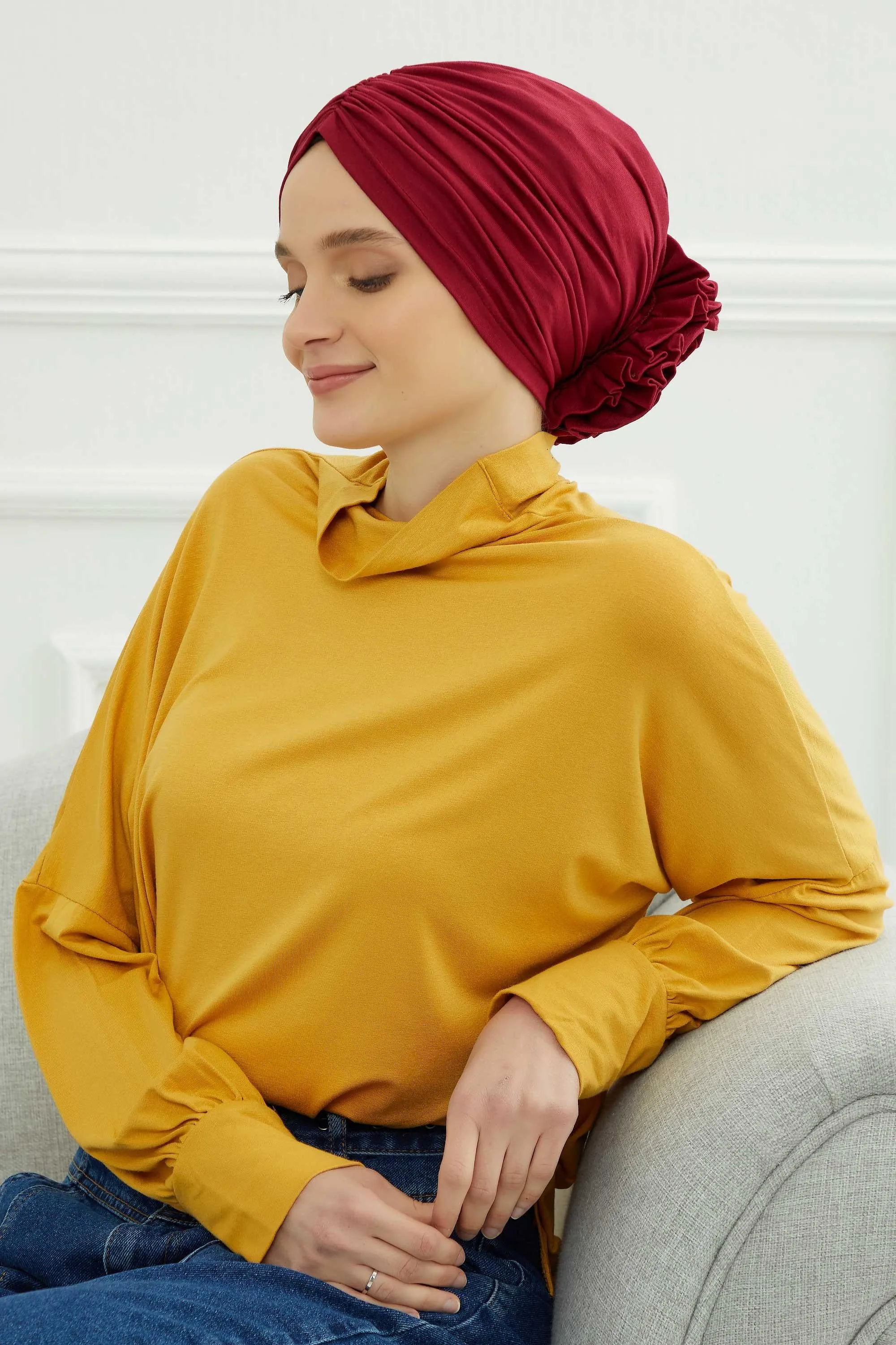Chic Rose Accent Instant Turban Hijab for Women, Cotton Scarf Chemo Head Wrap, Plain Bonnet Cap with a Beautiful Big Handmade Rose,B-21