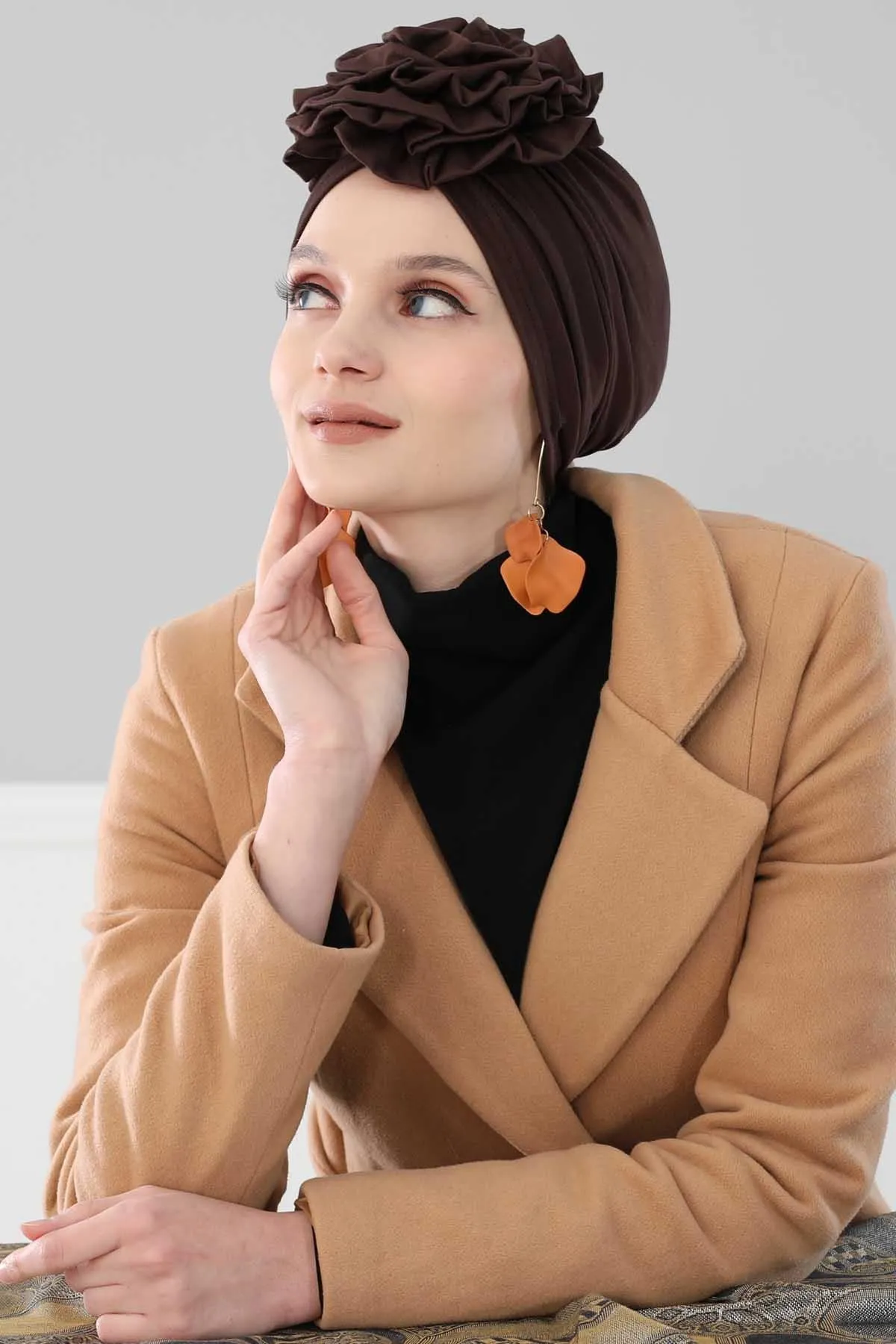 Chic Rose Accent Instant Turban Hijab for Women, Cotton Scarf Chemo Head Wrap, Plain Bonnet Cap with a Beautiful Big Handmade Rose,B-21