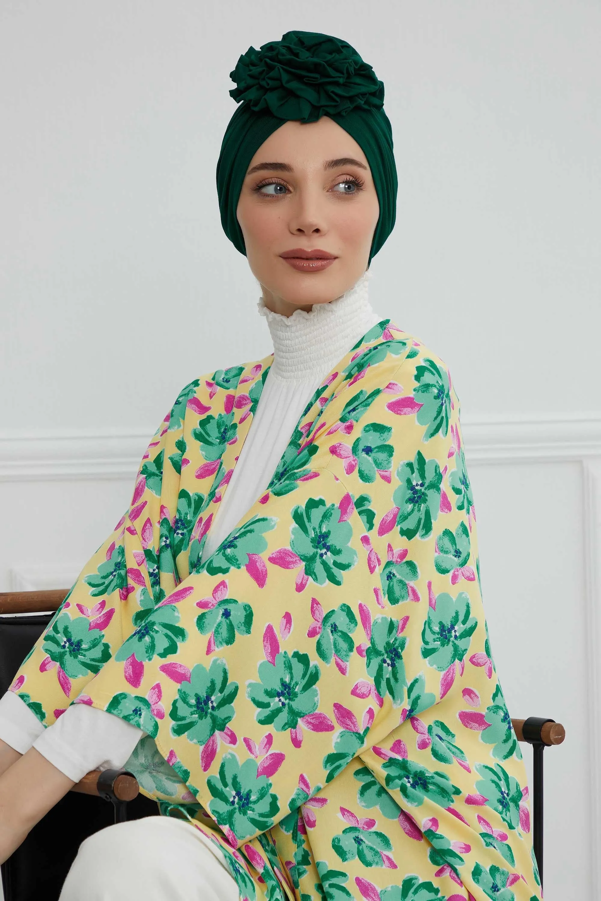 Chic Rose Accent Instant Turban Hijab for Women, Cotton Scarf Chemo Head Wrap, Plain Bonnet Cap with a Beautiful Big Handmade Rose,B-21