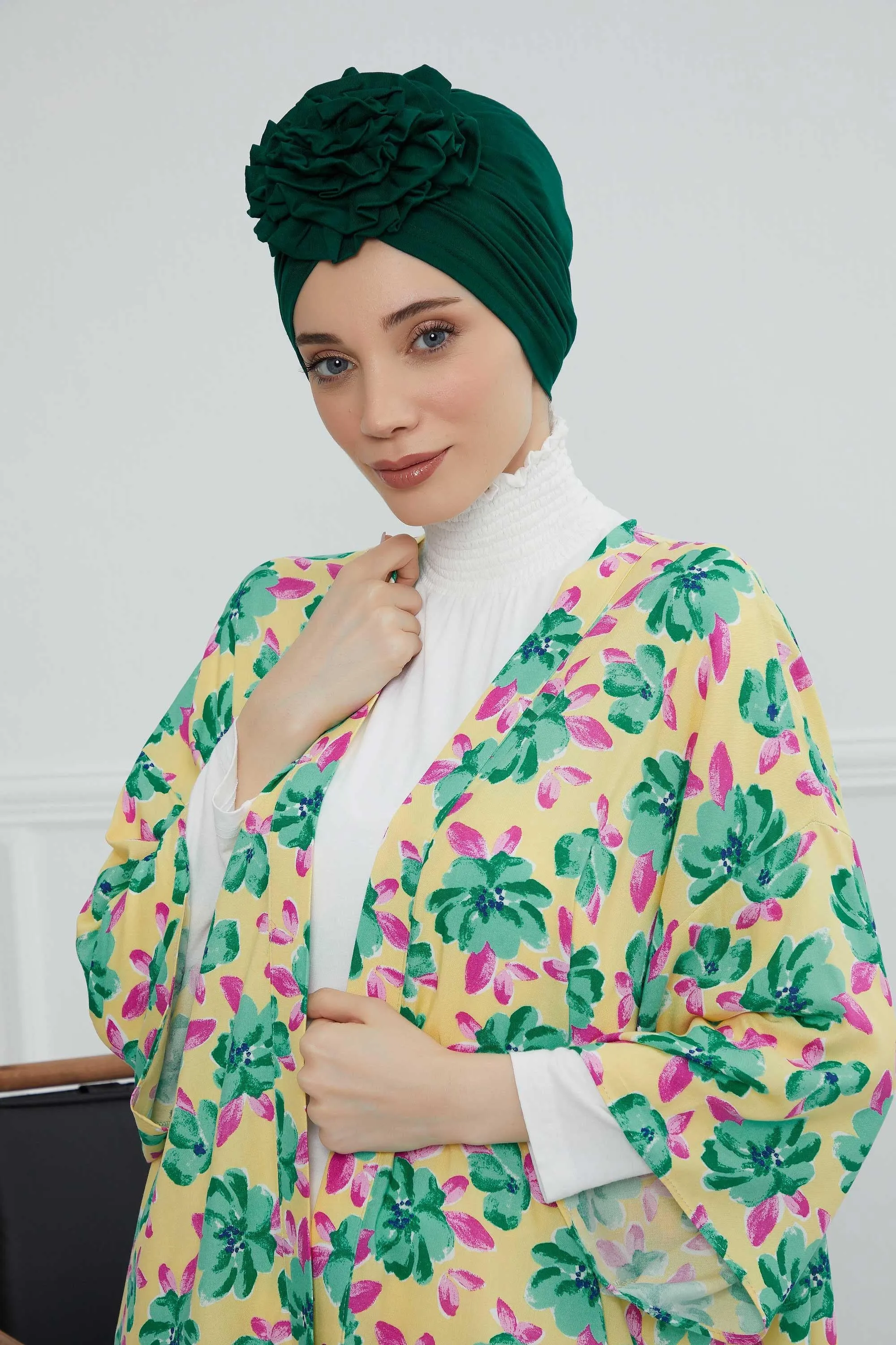 Chic Rose Accent Instant Turban Hijab for Women, Cotton Scarf Chemo Head Wrap, Plain Bonnet Cap with a Beautiful Big Handmade Rose,B-21