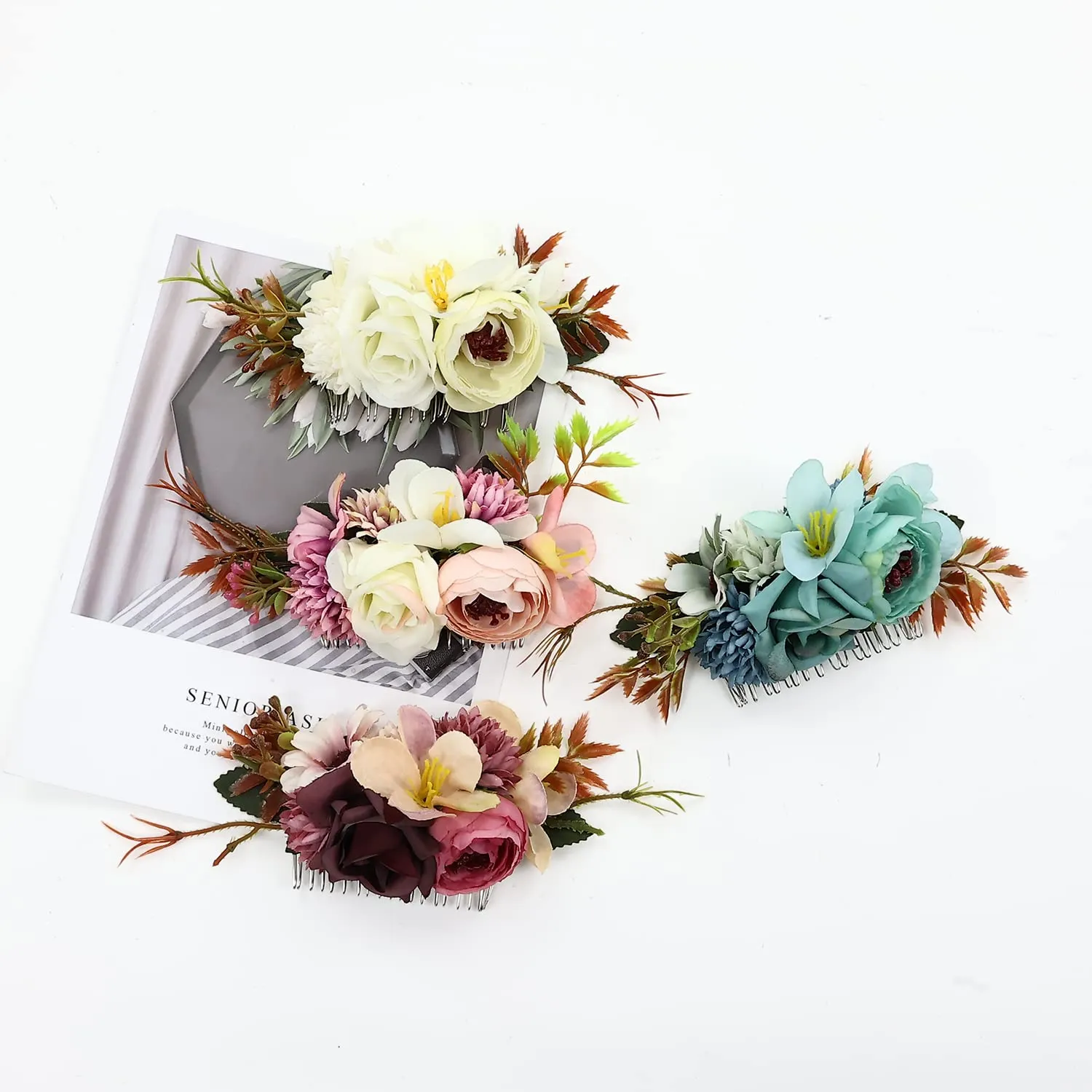 Cinaci 4 Pack Large Artificial Flower Metal Hair Side Combs Floral Slide Hair Clips Wedding Bridal Headpieces Hairpins Barrettes Decorative Hair Comb Bun Accessories for Women Girls Brides Bridesmaids