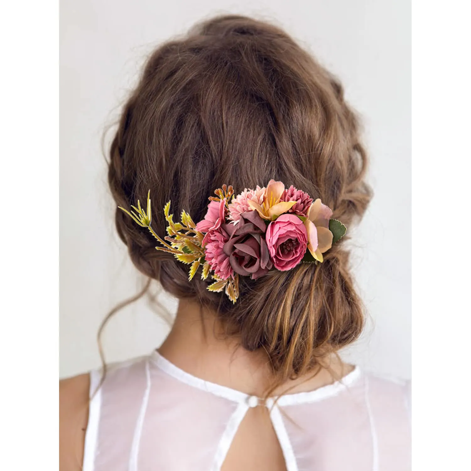 Cinaci 4 Pack Large Artificial Flower Metal Hair Side Combs Floral Slide Hair Clips Wedding Bridal Headpieces Hairpins Barrettes Decorative Hair Comb Bun Accessories for Women Girls Brides Bridesmaids