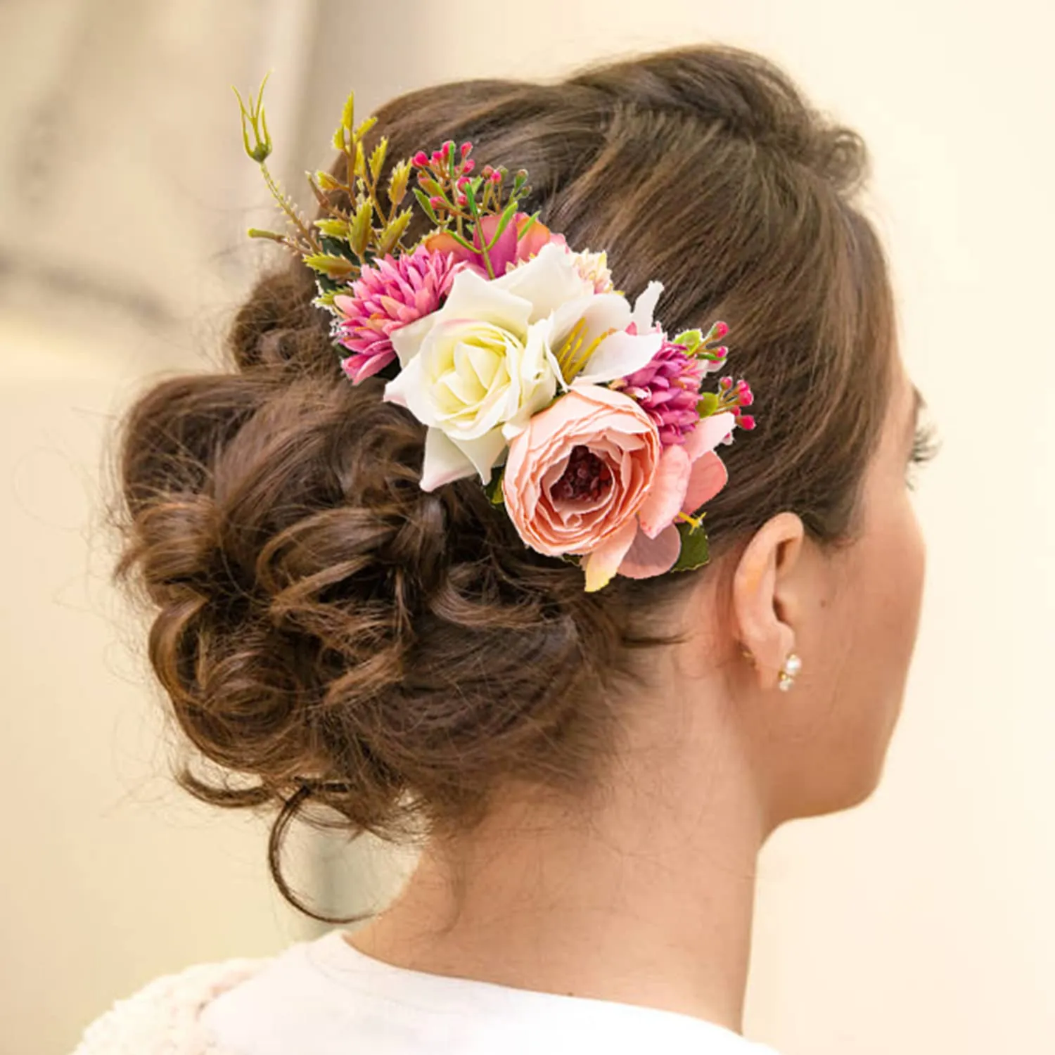 Cinaci 4 Pack Large Artificial Flower Metal Hair Side Combs Floral Slide Hair Clips Wedding Bridal Headpieces Hairpins Barrettes Decorative Hair Comb Bun Accessories for Women Girls Brides Bridesmaids
