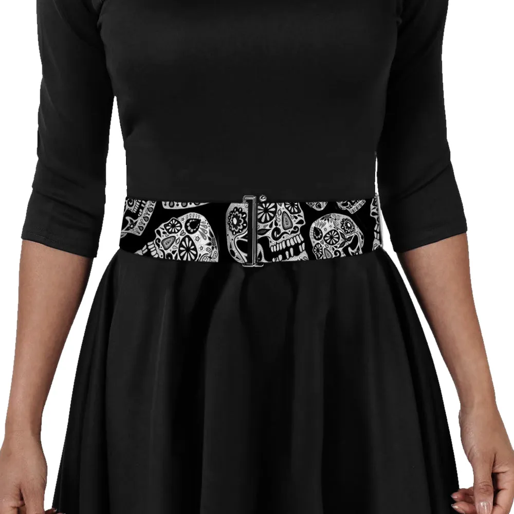 Cinch Waist Belt - The Dust of Living II Sugar Skulls Black White