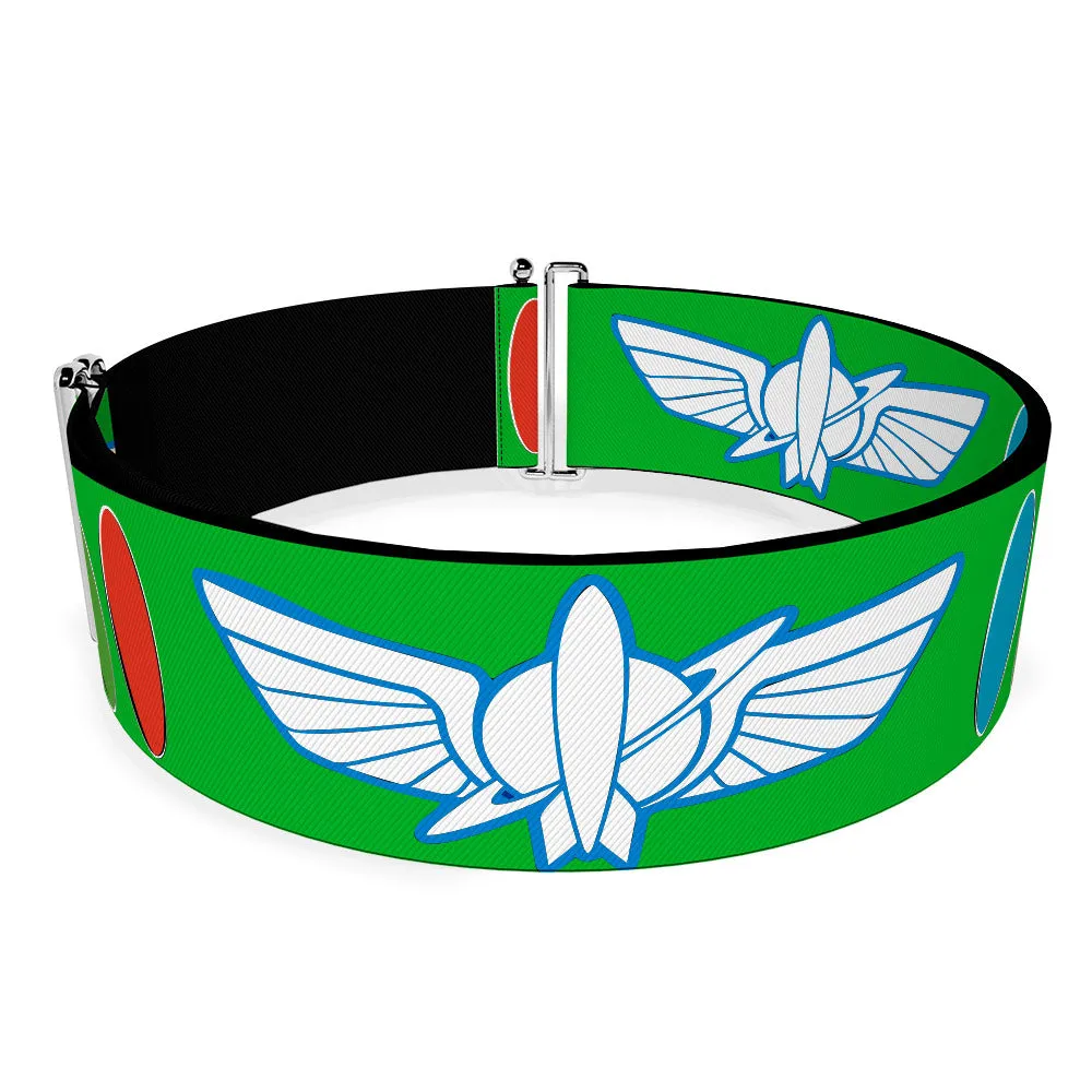 Cinch Waist Belt - Toy Story Buzz Lightyear Bounding Space Ranger Logo Buttons Green White Blue Red