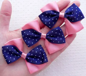 CLEARANCE Navy Blue Polka Dot Double Bows / Fabric Bow Tie Applique / Kawaii Satin Ribbon Bowtie (3pcs / 65mm x 40mm) Hair Accessory Supplies B151