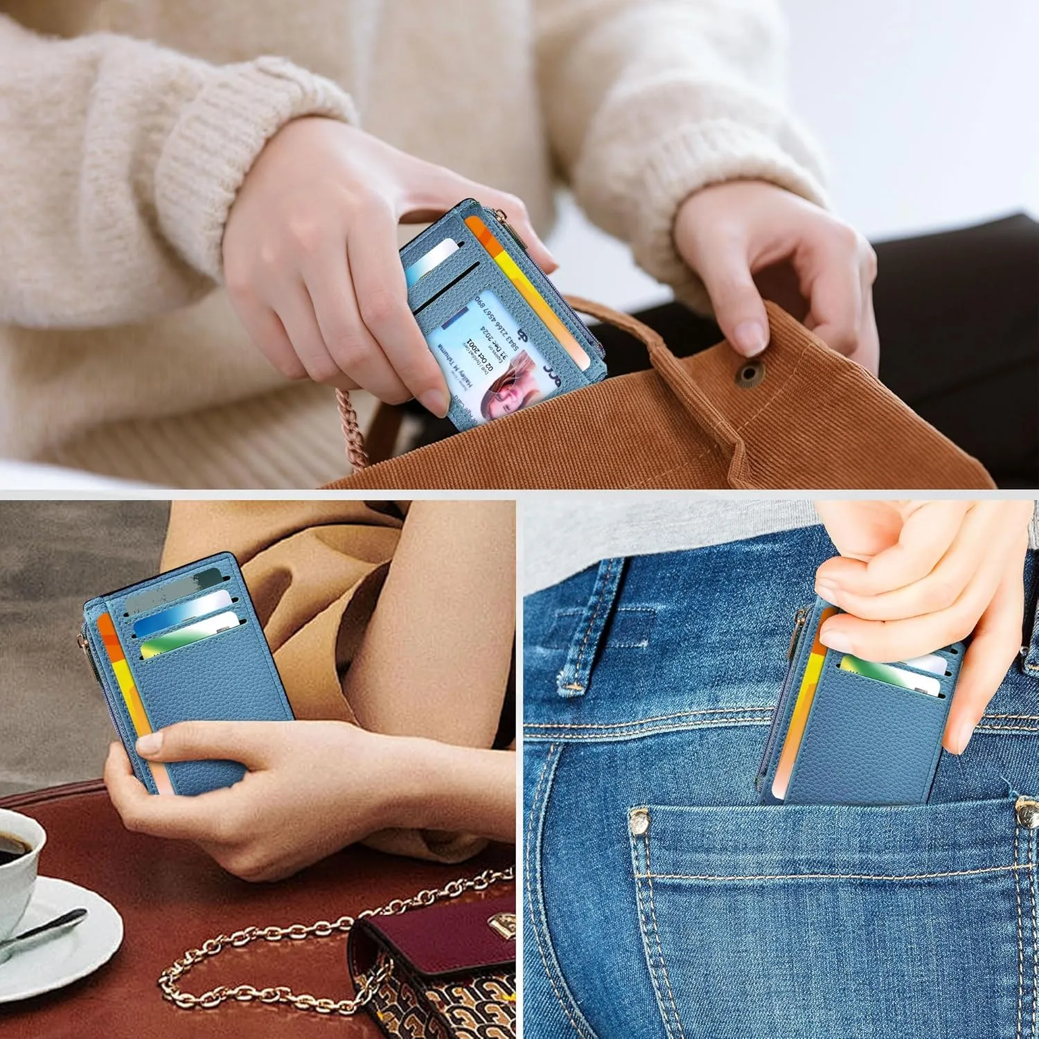 Credit Card Holder for Women Slim Minimalist Front Pocket RFID Blocking Wallet Small Compact Card Case with ID Window, Sky Blue