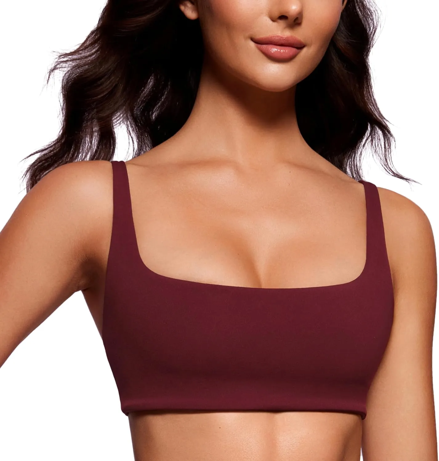 CRZ YOGA Butterluxe Spaghetti Strap Sports Bras for Women - Square Neck Yoga Wireless Low Coverage Padded Cami Crop Top