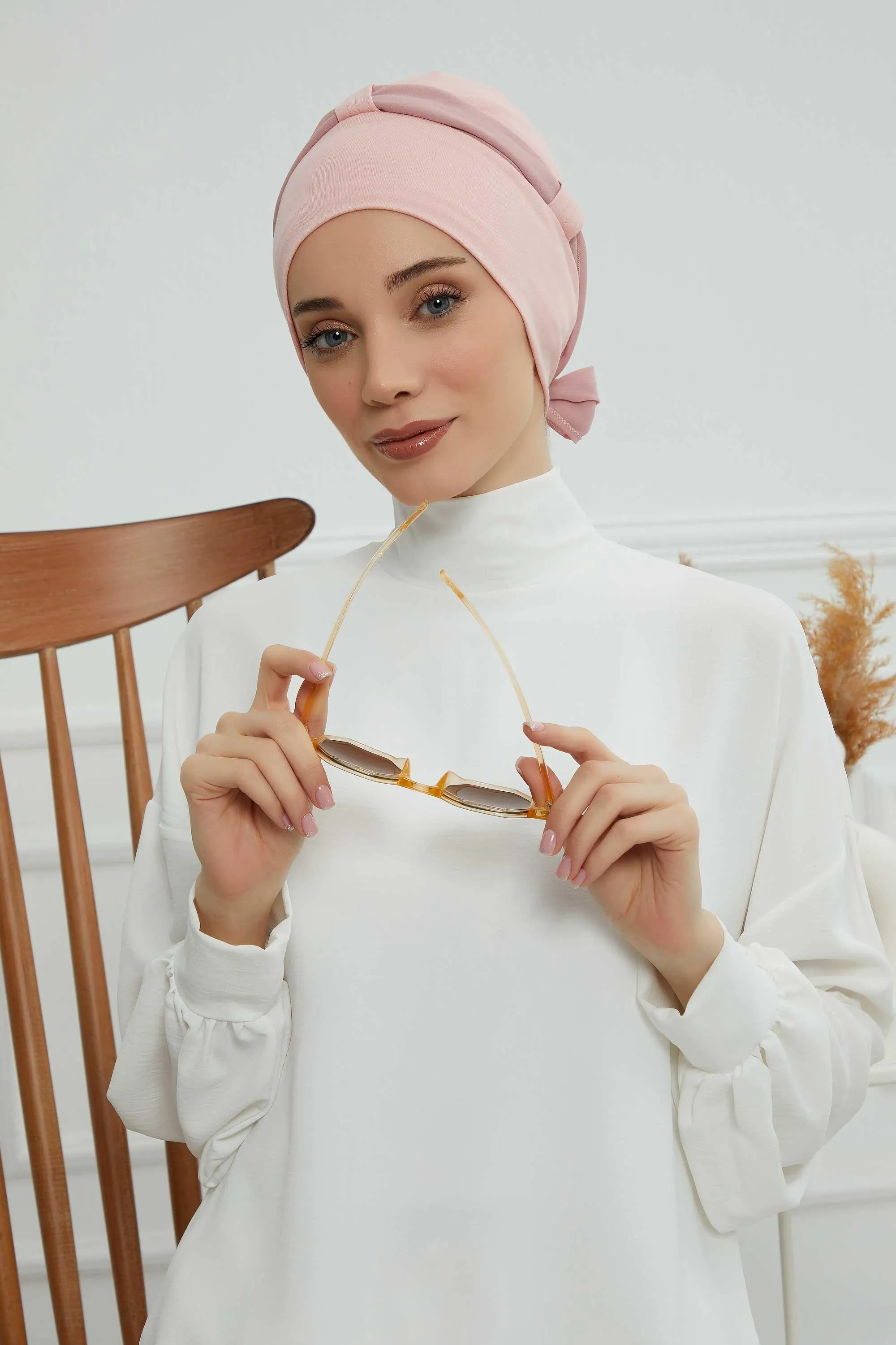 Dual Tone Instant Turban Bonnet with Chiffon Band, Fashionable Muslim Head Covering for Women, Ready-to-Wear Versatile Women Head Wrap,B-24