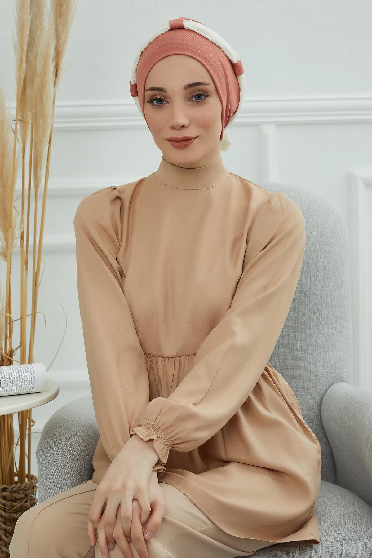 Dual Tone Instant Turban Bonnet with Chiffon Band, Fashionable Muslim Head Covering for Women, Ready-to-Wear Versatile Women Head Wrap,B-24