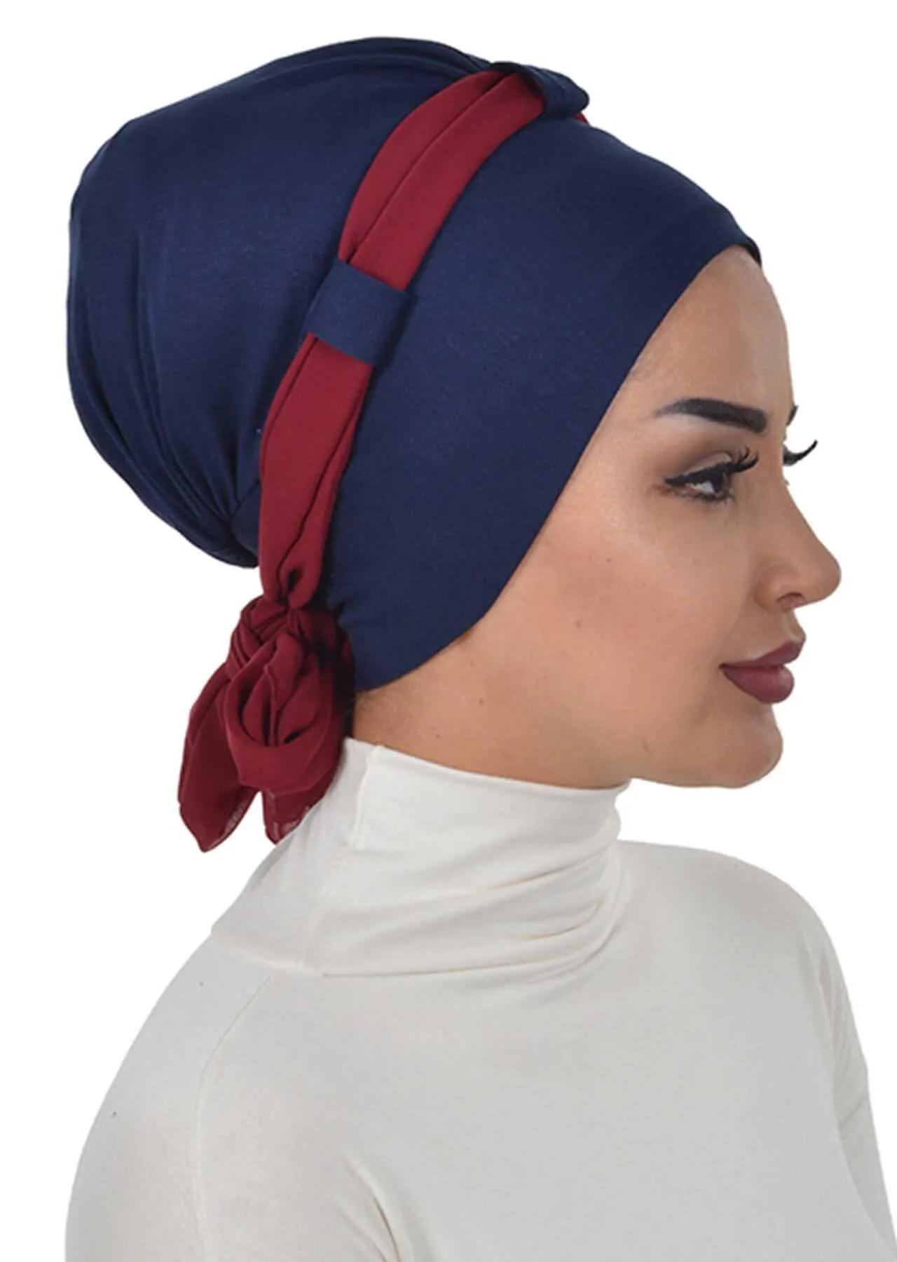 Dual Tone Instant Turban Bonnet with Chiffon Band, Fashionable Muslim Head Covering for Women, Ready-to-Wear Versatile Women Head Wrap,B-24