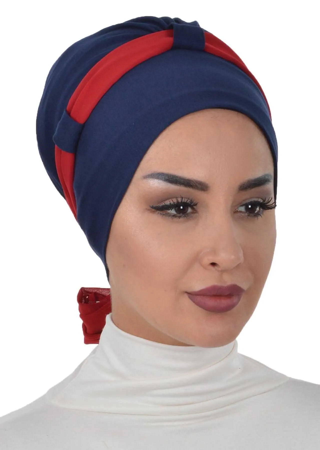 Dual Tone Instant Turban Bonnet with Chiffon Band, Fashionable Muslim Head Covering for Women, Ready-to-Wear Versatile Women Head Wrap,B-24