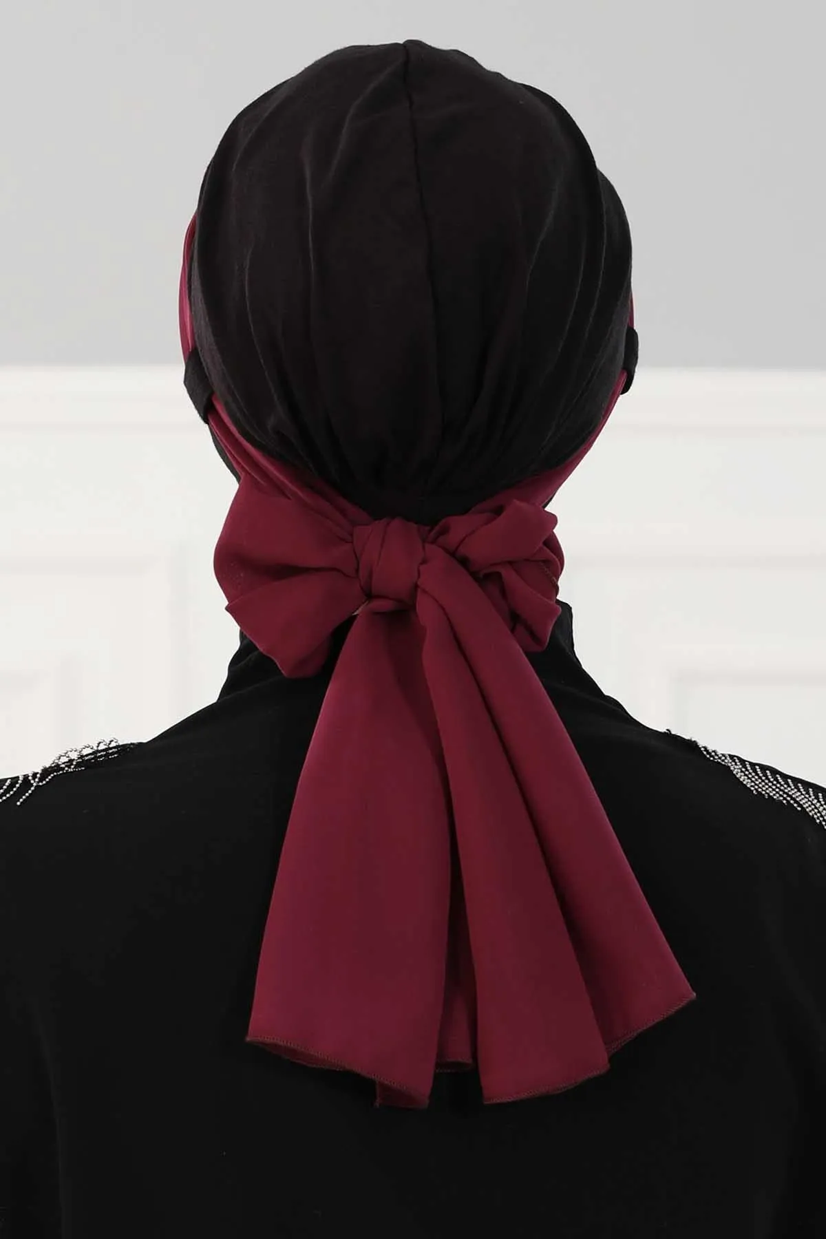 Dual Tone Instant Turban Bonnet with Chiffon Band, Fashionable Muslim Head Covering for Women, Ready-to-Wear Versatile Women Head Wrap,B-24