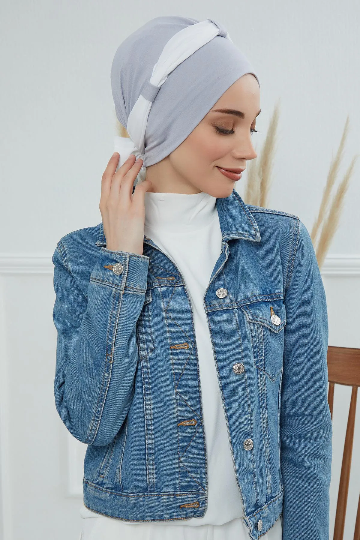 Dual Tone Instant Turban Bonnet with Chiffon Band, Fashionable Muslim Head Covering for Women, Ready-to-Wear Versatile Women Head Wrap,B-24