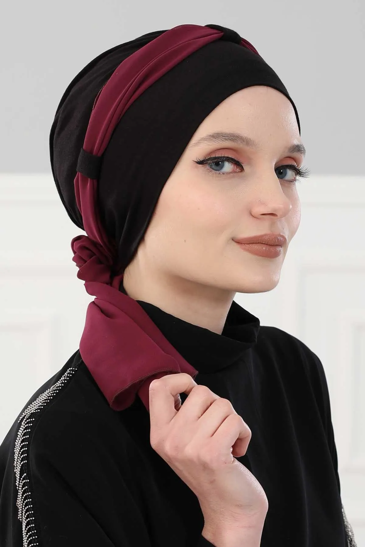 Dual Tone Instant Turban Bonnet with Chiffon Band, Fashionable Muslim Head Covering for Women, Ready-to-Wear Versatile Women Head Wrap,B-24