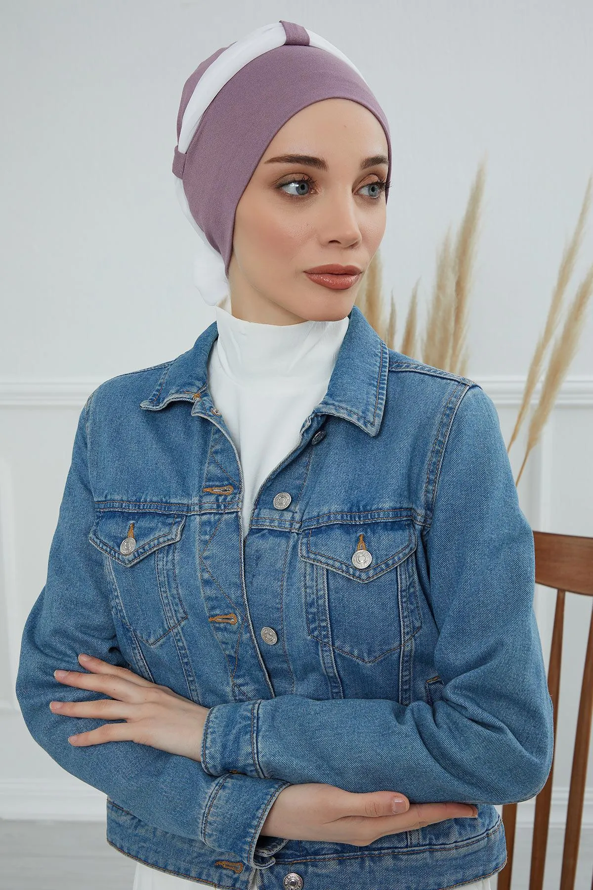 Dual Tone Instant Turban Bonnet with Chiffon Band, Fashionable Muslim Head Covering for Women, Ready-to-Wear Versatile Women Head Wrap,B-24