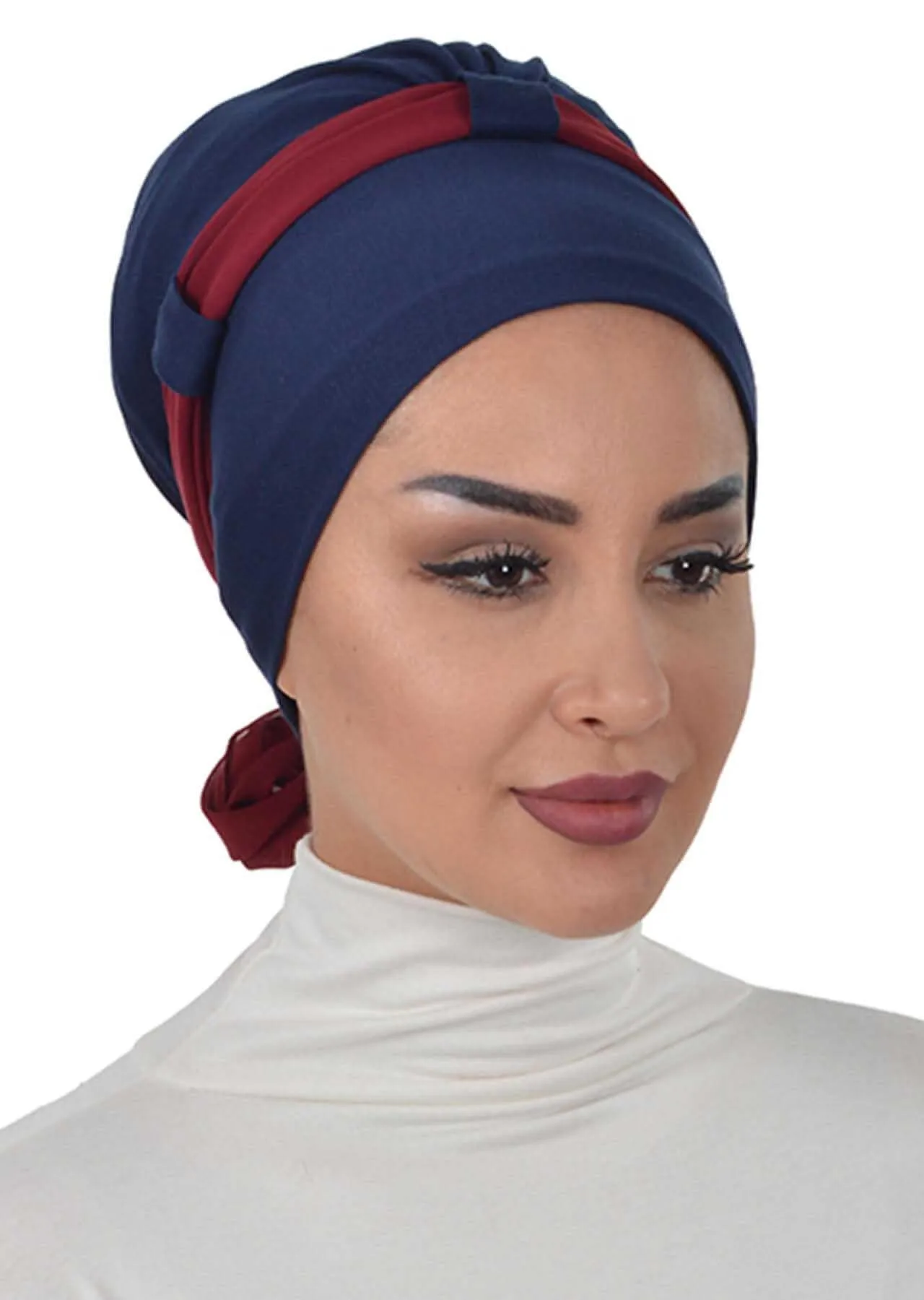 Dual Tone Instant Turban Bonnet with Chiffon Band, Fashionable Muslim Head Covering for Women, Ready-to-Wear Versatile Women Head Wrap,B-24
