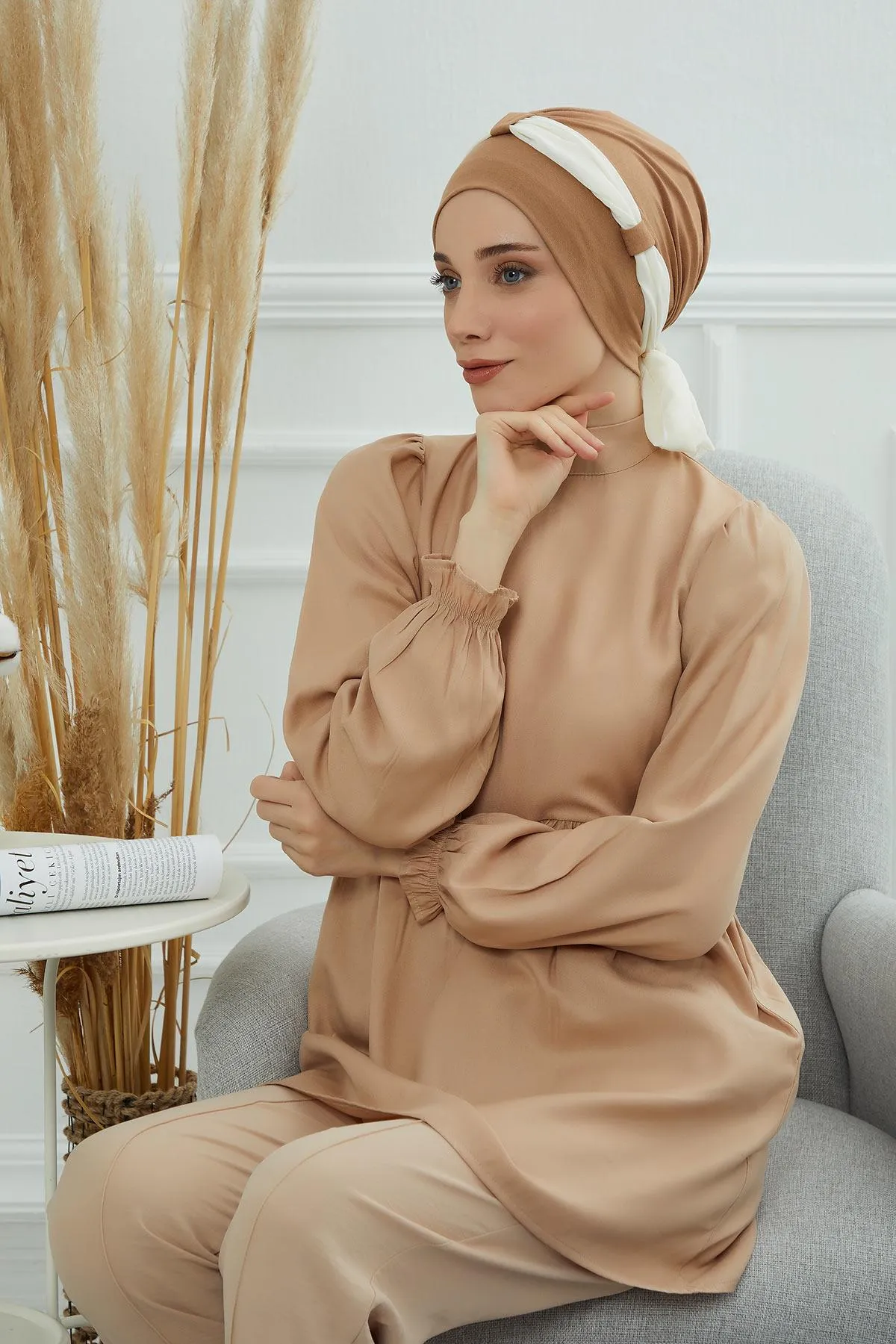 Dual Tone Instant Turban Bonnet with Chiffon Band, Fashionable Muslim Head Covering for Women, Ready-to-Wear Versatile Women Head Wrap,B-24