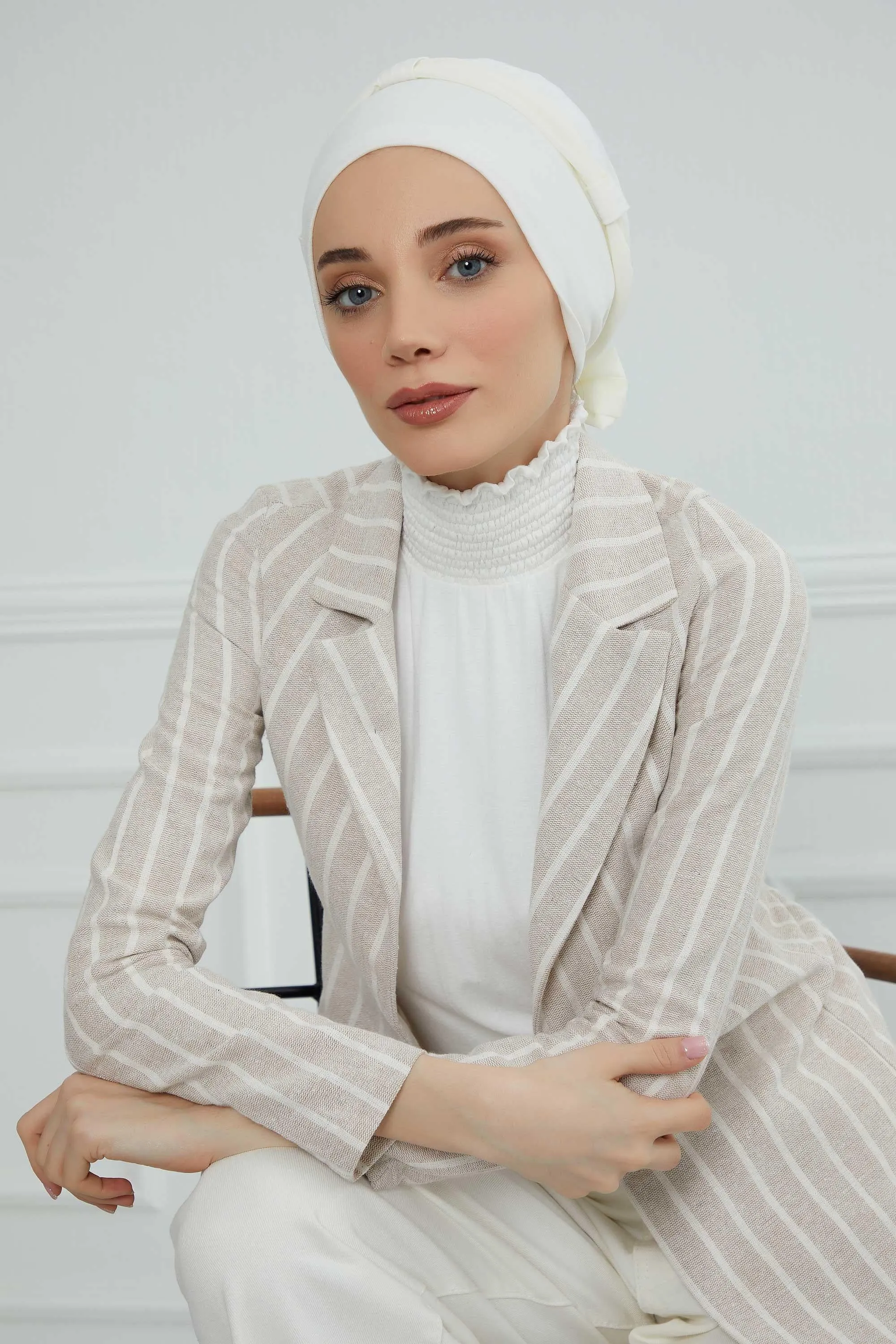 Dual Tone Instant Turban Bonnet with Chiffon Band, Fashionable Muslim Head Covering for Women, Ready-to-Wear Versatile Women Head Wrap,B-24