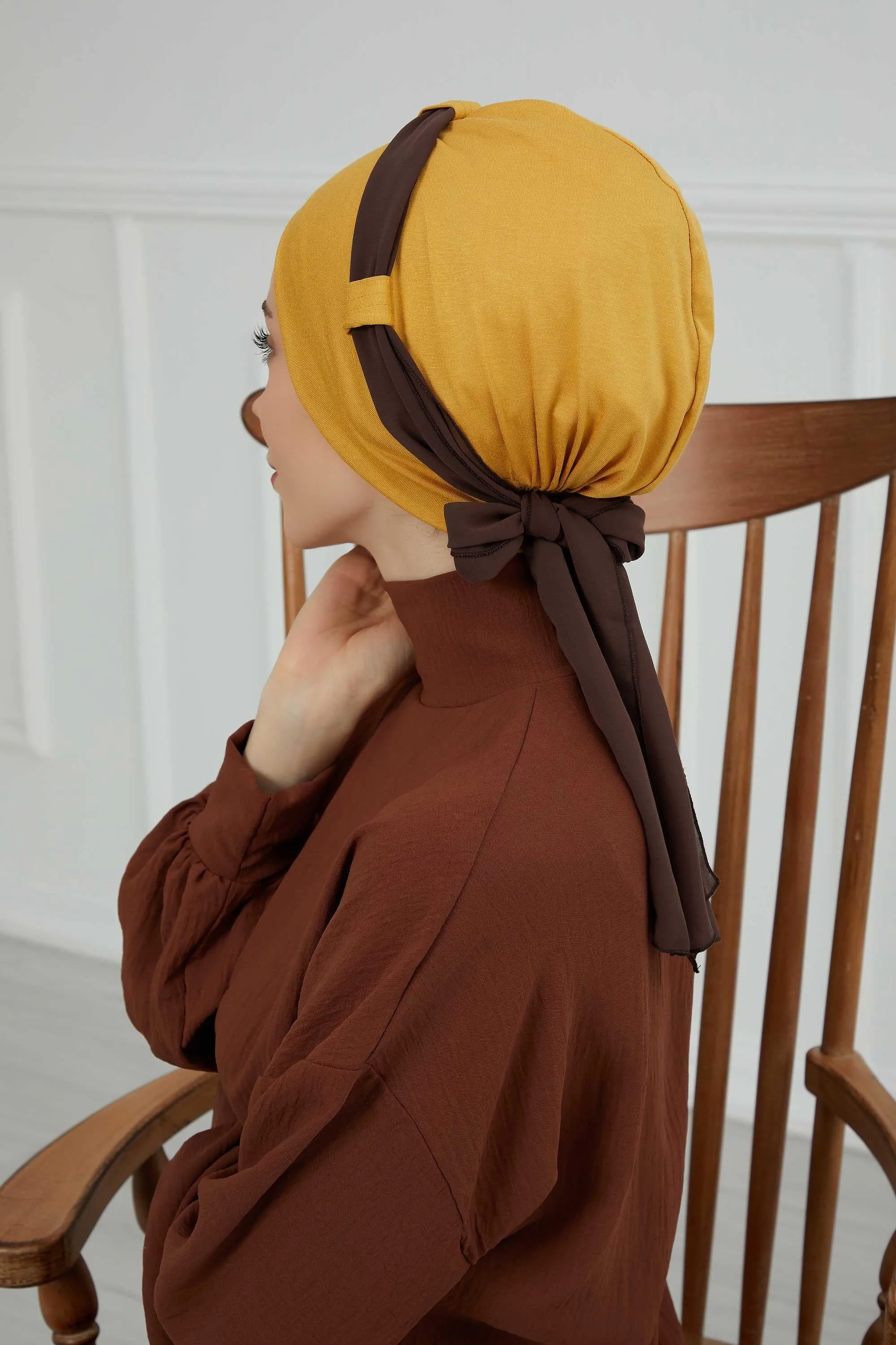 Dual Tone Instant Turban Bonnet with Chiffon Band, Fashionable Muslim Head Covering for Women, Ready-to-Wear Versatile Women Head Wrap,B-24