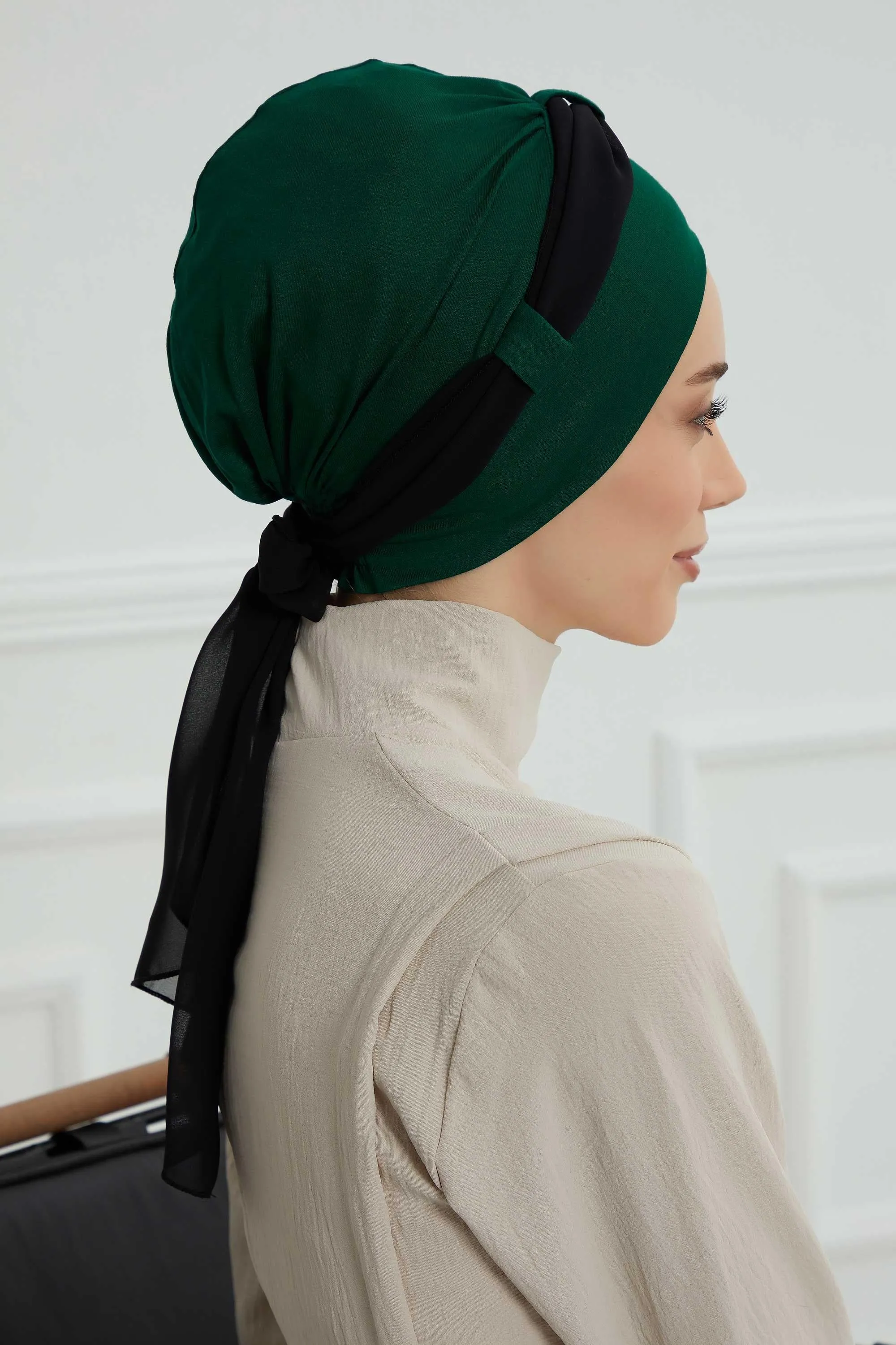 Dual Tone Instant Turban Bonnet with Chiffon Band, Fashionable Muslim Head Covering for Women, Ready-to-Wear Versatile Women Head Wrap,B-24