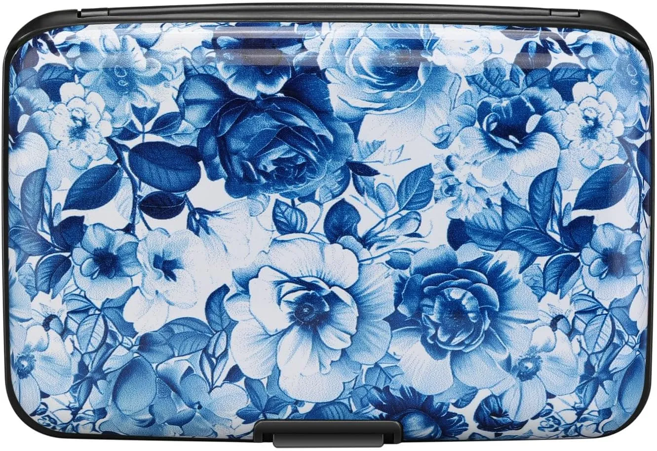 ELFISH RFID Blocking Credit Cards Holder Aluminum Wallet Metal ID Case for Men Women(Blue and White Peony)
