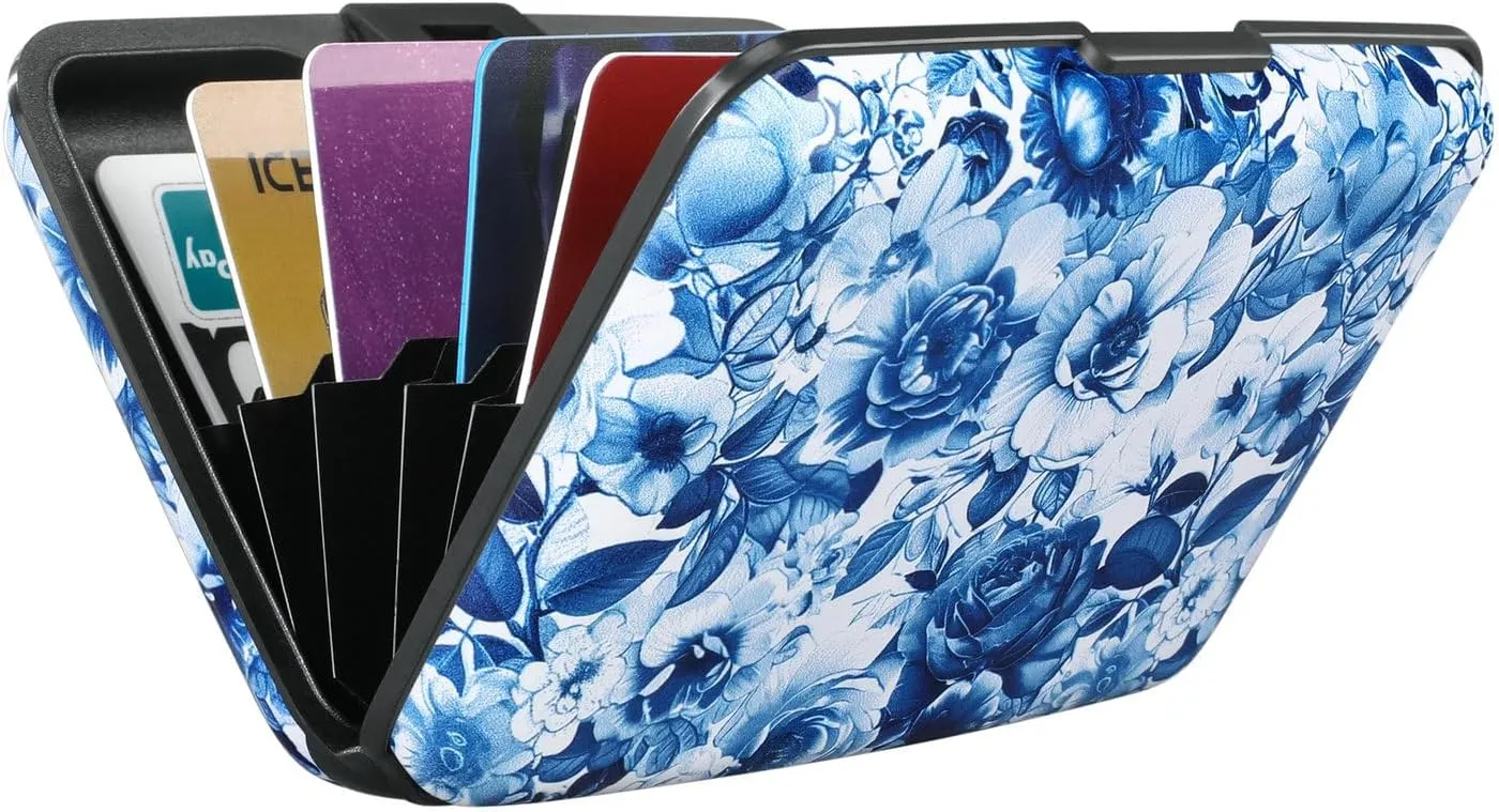 ELFISH RFID Blocking Credit Cards Holder Aluminum Wallet Metal ID Case for Men Women(Blue and White Peony)