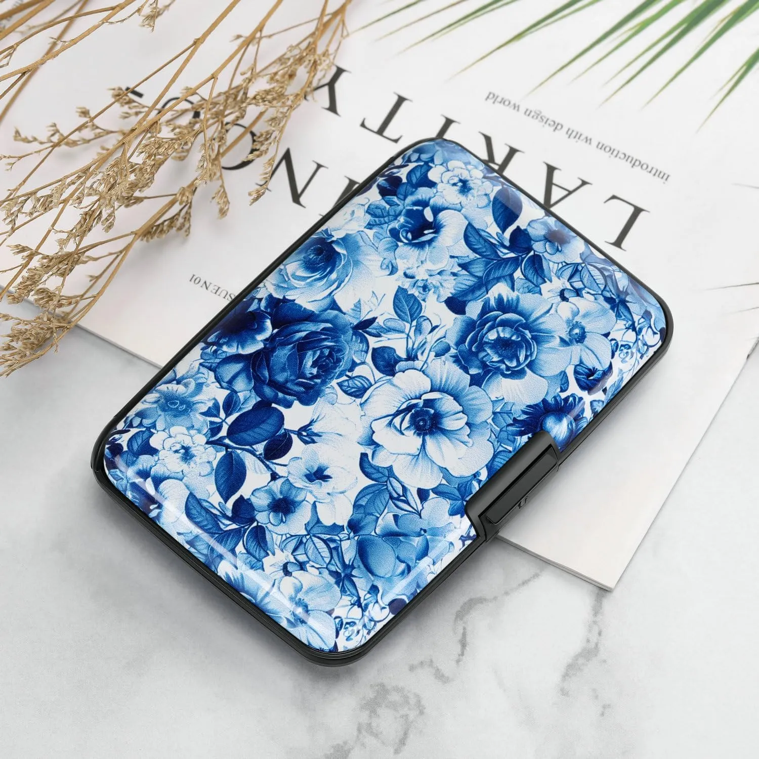 ELFISH RFID Blocking Credit Cards Holder Aluminum Wallet Metal ID Case for Men Women(Blue and White Peony)