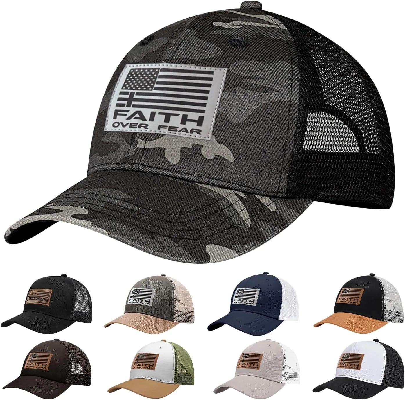Faith Over Fear Hat with Leather Baseball Cap for Men Boy Gifts for Dad Cross Hats Christian Trucker Caps