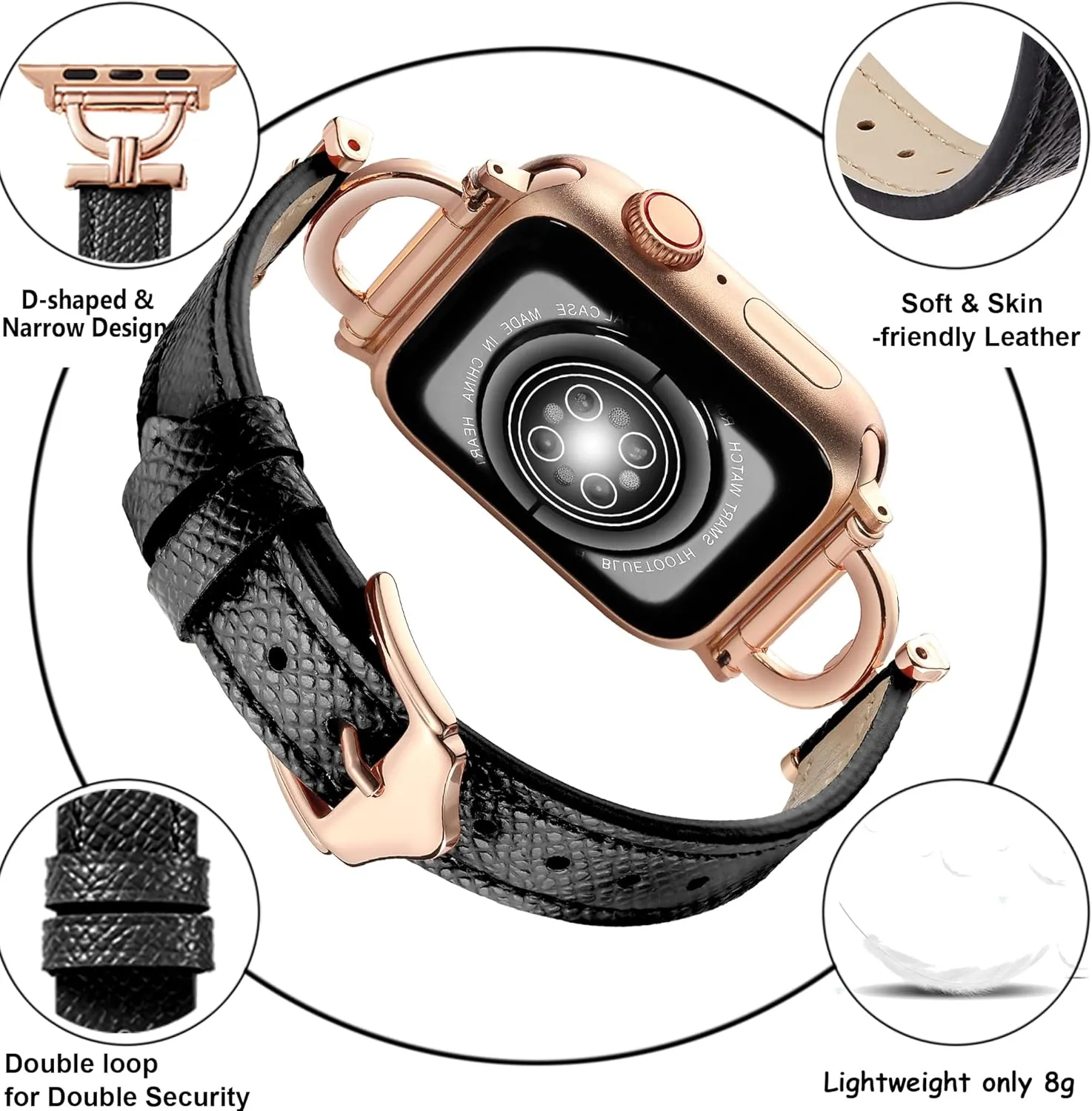 Genuine Leather Band Compatible with Apple Watch Women 38mm 40mm 41mm 42mm(2024 series 10), Designer Slim Leather Strap with D-Shape Gold Metal Buckle for iWatch Series 10 9 8 SE 7 6 5 4 3 2 1, Black