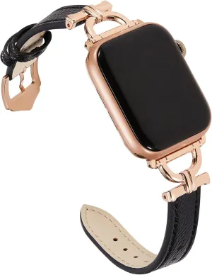 Genuine Leather Band Compatible with Apple Watch Women 38mm 40mm 41mm 42mm(2024 series 10), Designer Slim Leather Strap with D-Shape Gold Metal Buckle for iWatch Series 10 9 8 SE 7 6 5 4 3 2 1, Black