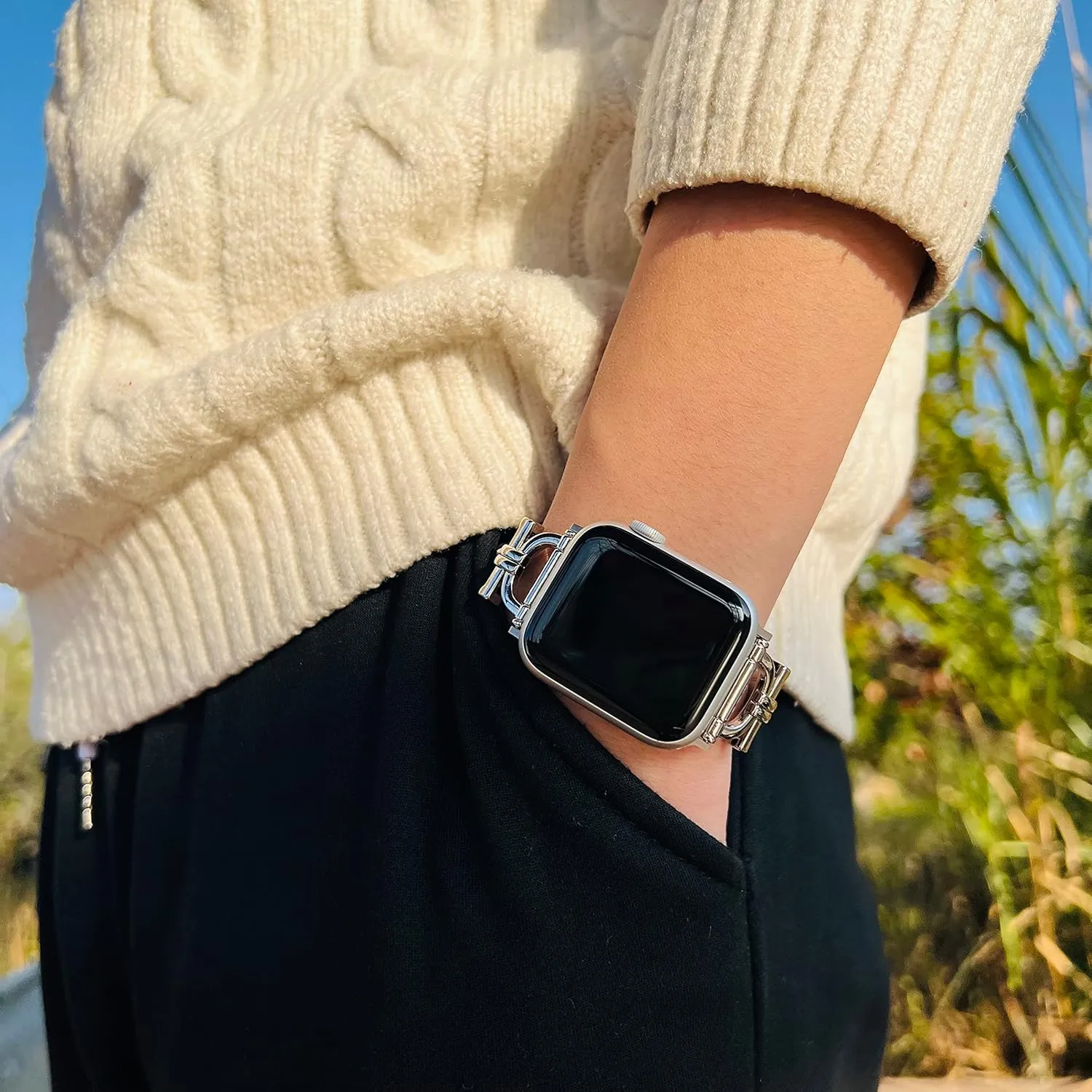 Genuine Leather Band Compatible with Apple Watch Women 38mm 40mm 41mm 42mm(2024 series 10), Designer Slim Leather Strap with D-Shape Gold Metal Buckle for iWatch Series 10 9 8 SE 7 6 5 4 3 2 1, Black