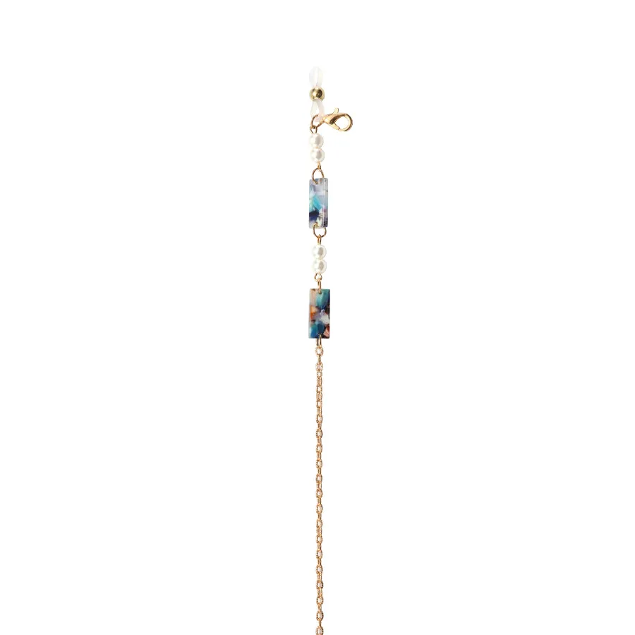 GOLD METAL AND BLUE ACETATE WITH PEARLS EYEGLASS & MASK CHAIN-3-BU