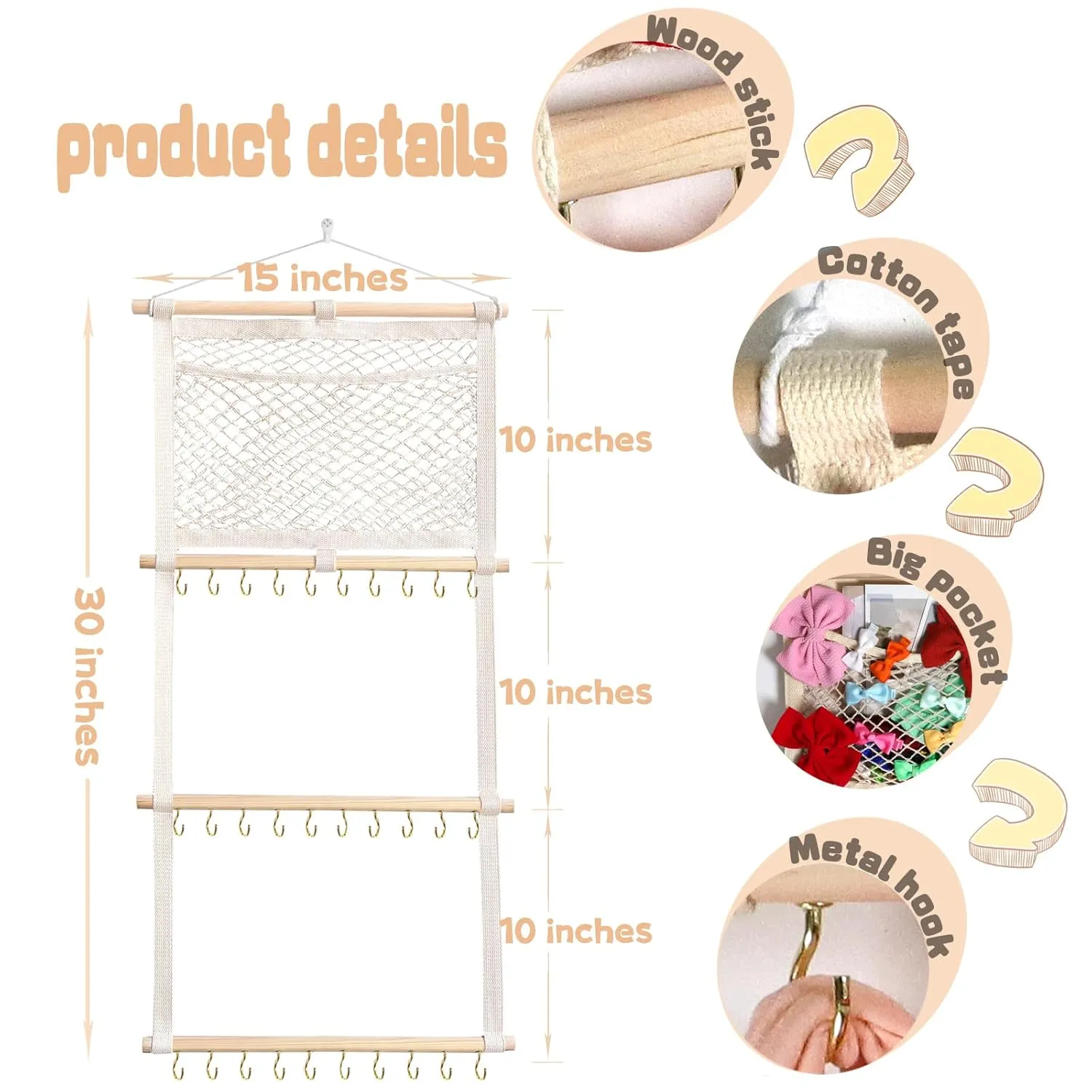 Headband Holder Hair Bows Organizer for Baby Girls Large Capacity Bow Holder Hair Accessories Wall Hanging Organizer for Toddler Baby Girl Nursery Room Decor