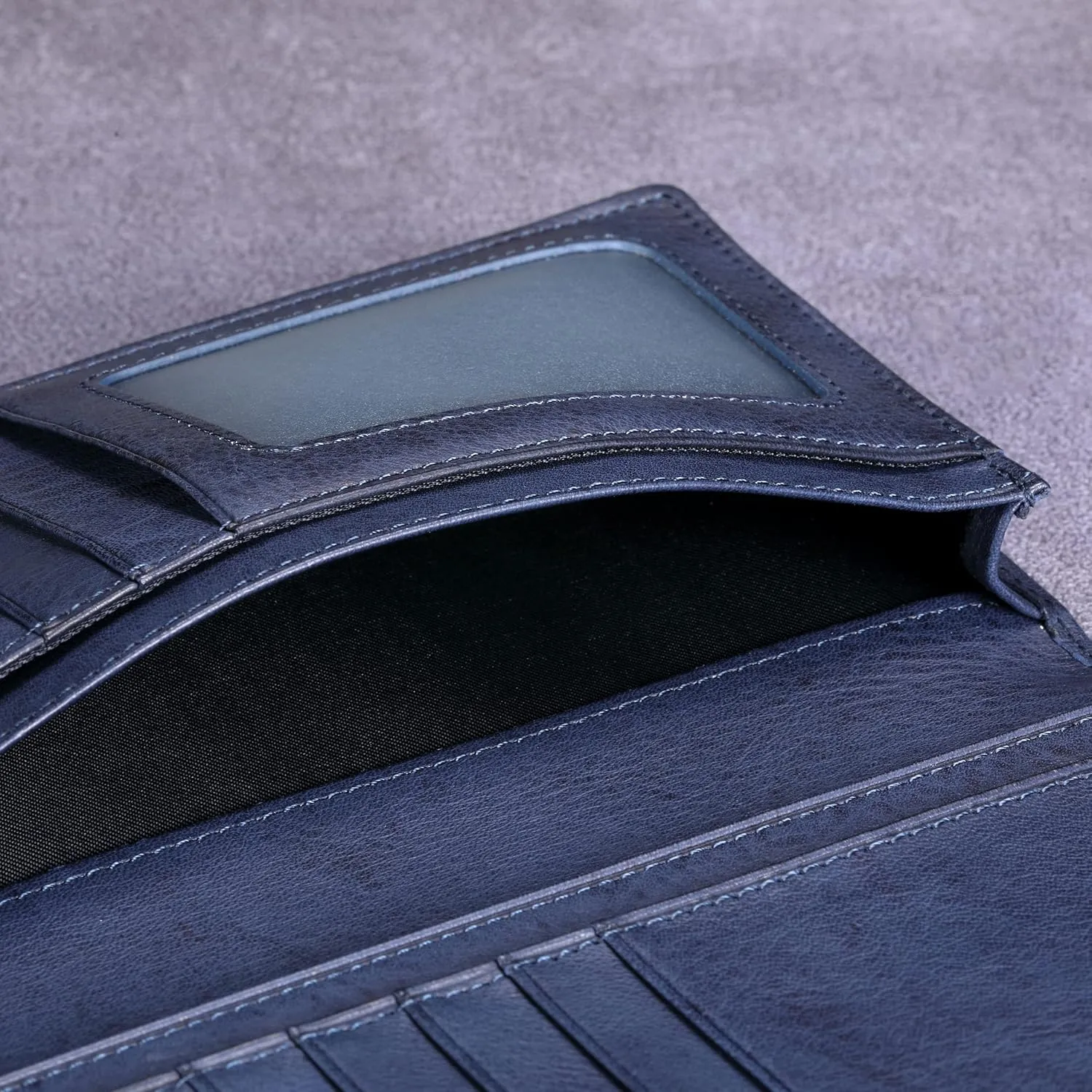 HISCOW Bifold Long Wallet with 15 Credit Card Slots - Italian Calfskin (Aniline Leather Blue)