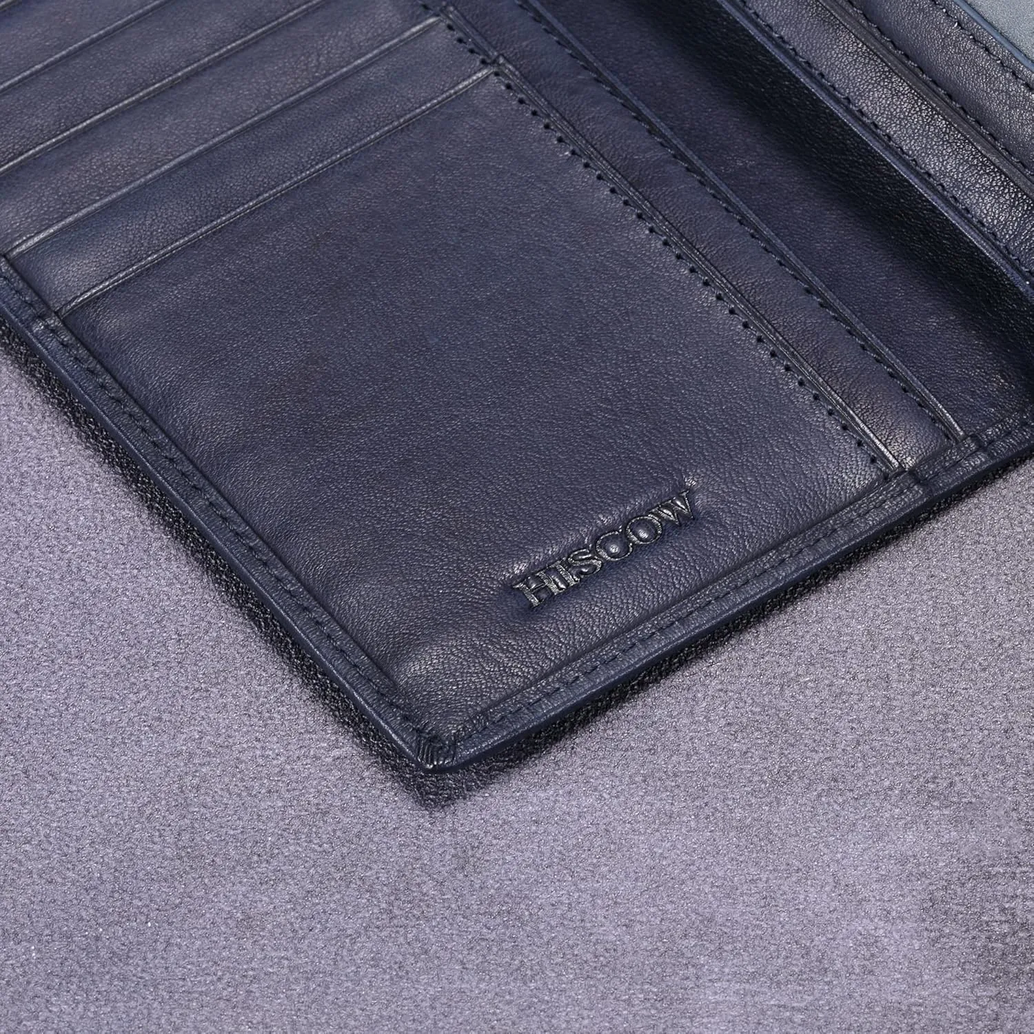 HISCOW Bifold Long Wallet with 15 Credit Card Slots - Italian Calfskin (Aniline Leather Blue)