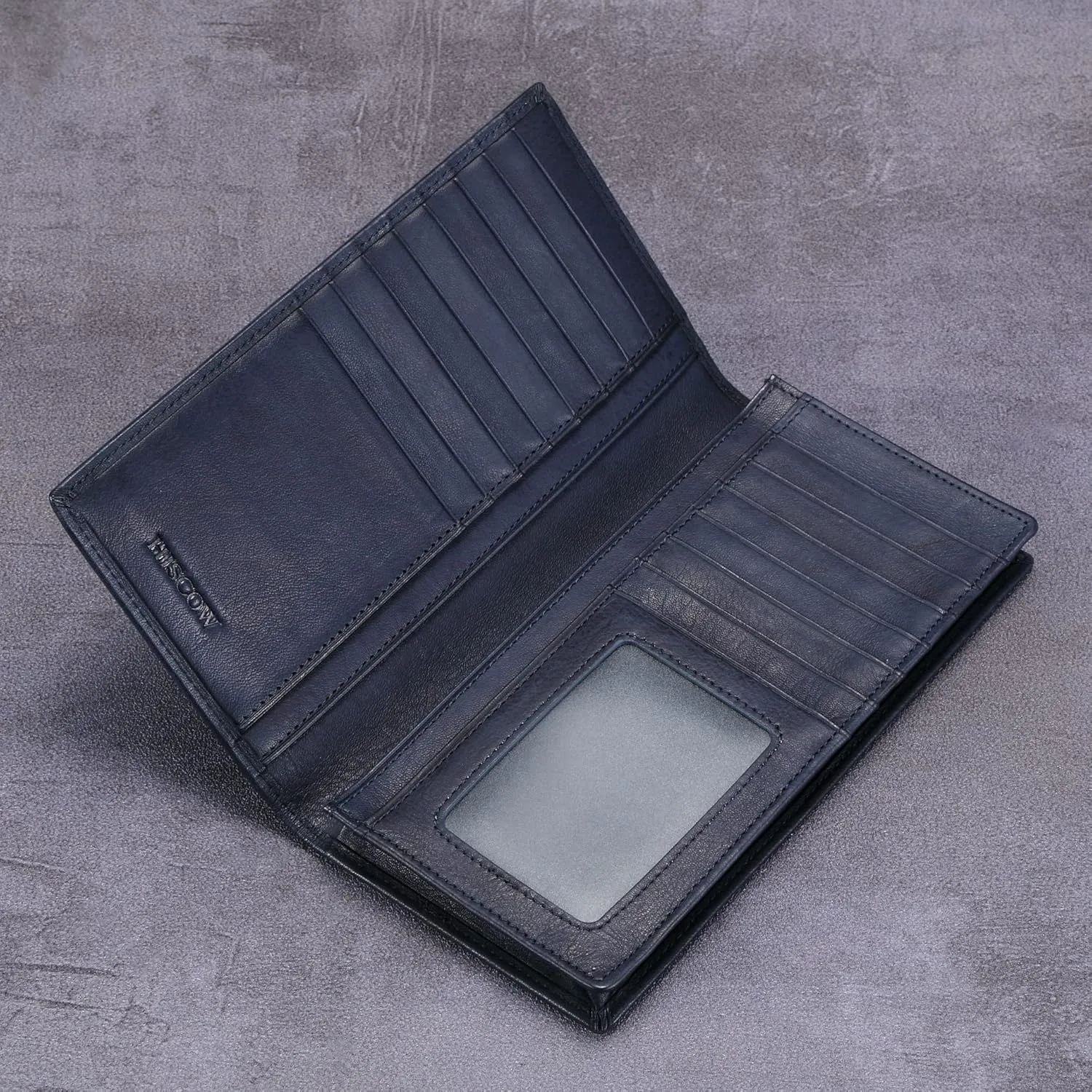 HISCOW Bifold Long Wallet with 15 Credit Card Slots - Italian Calfskin (Aniline Leather Blue)