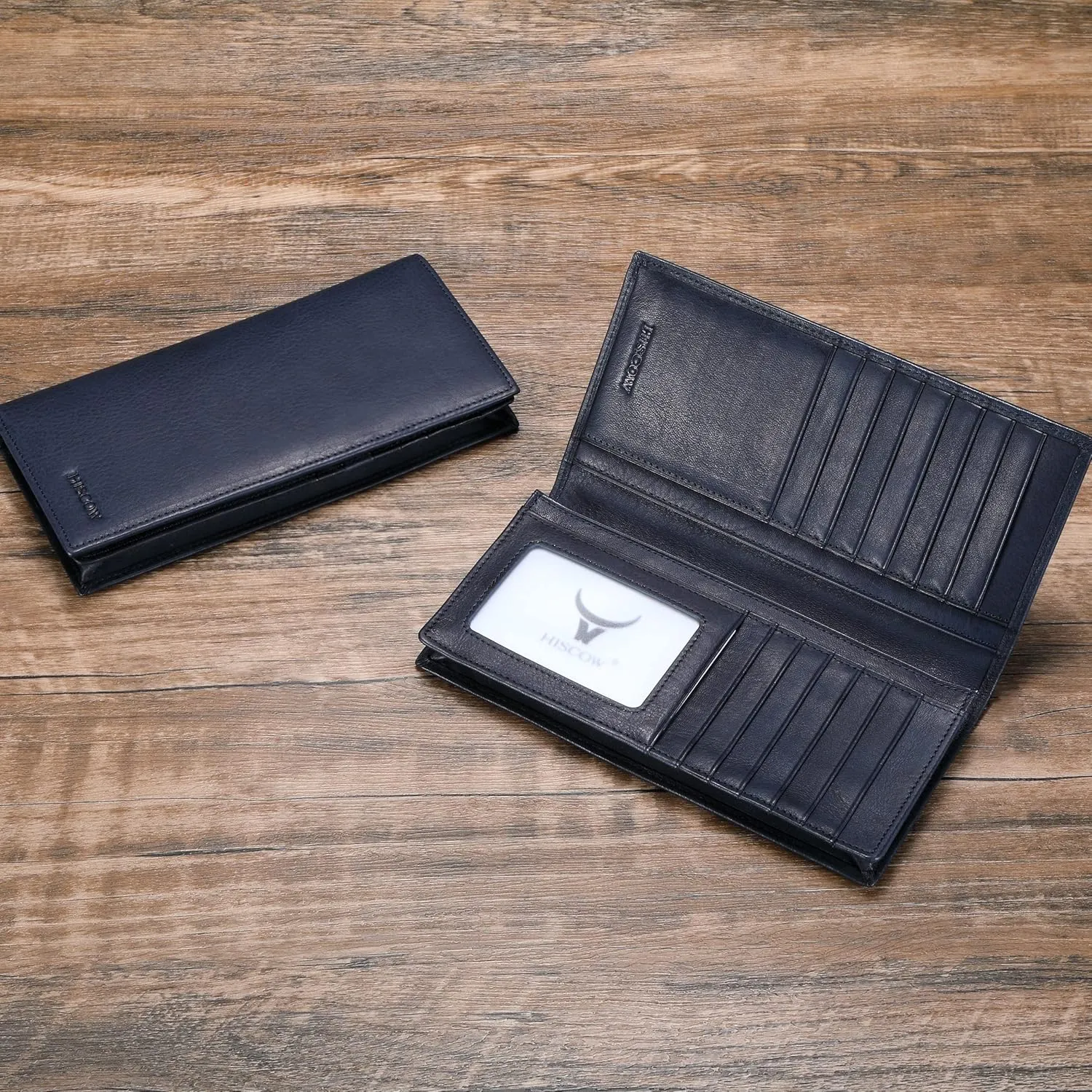 HISCOW Bifold Long Wallet with 15 Credit Card Slots - Italian Calfskin (Aniline Leather Blue)