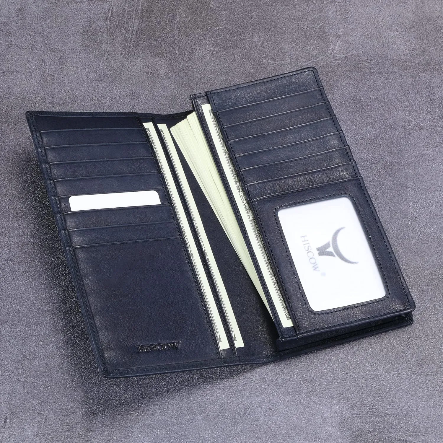HISCOW Bifold Long Wallet with 15 Credit Card Slots - Italian Calfskin (Aniline Leather Blue)