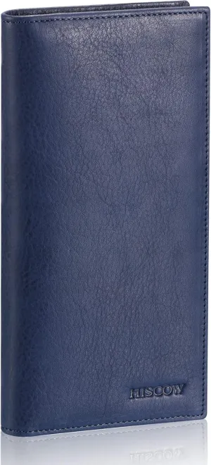 HISCOW Bifold Long Wallet with 15 Credit Card Slots - Italian Calfskin (Aniline Leather Blue)