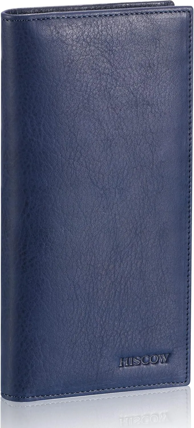 HISCOW Bifold Long Wallet with 15 Credit Card Slots - Italian Calfskin (Aniline Leather Blue)
