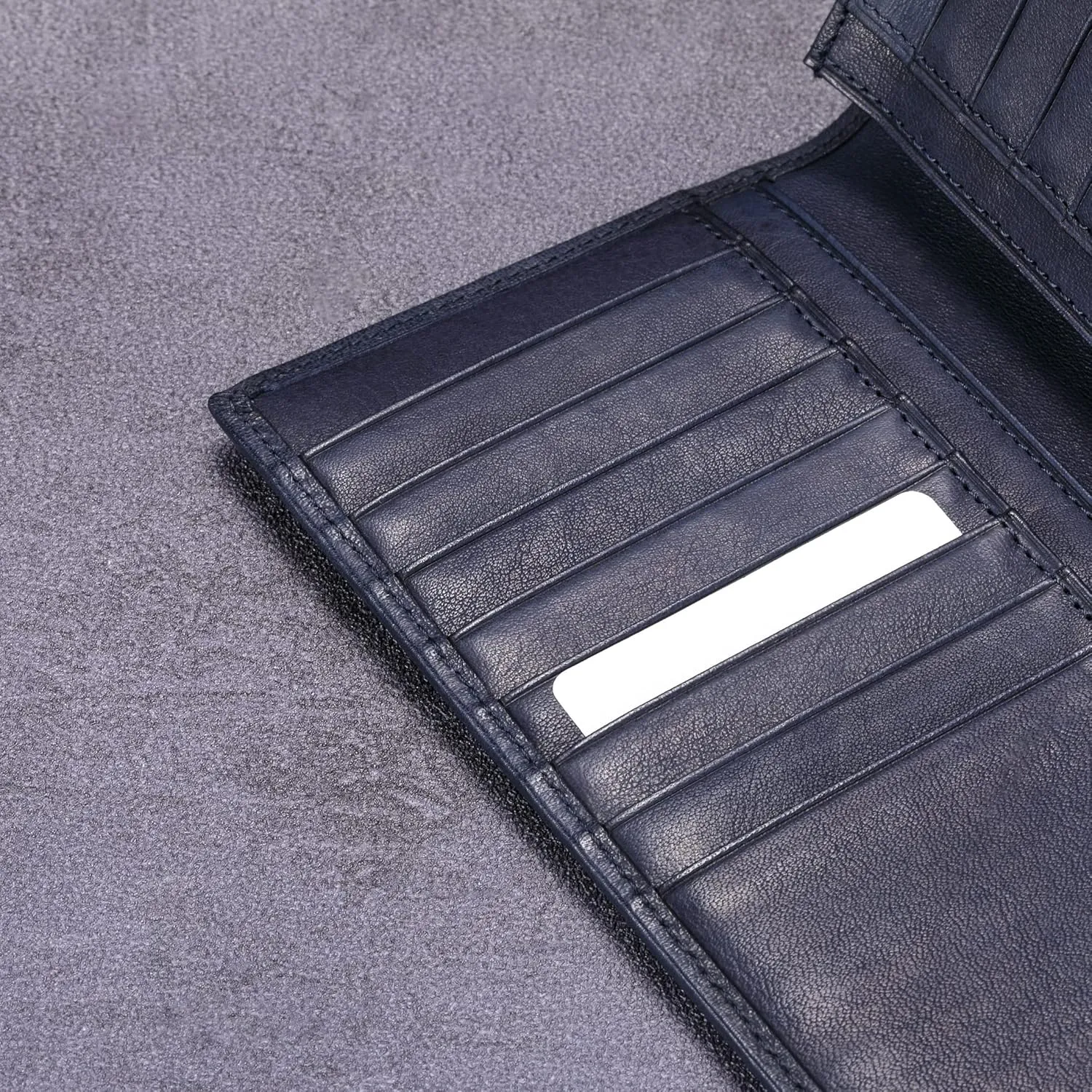 HISCOW Bifold Long Wallet with 15 Credit Card Slots - Italian Calfskin (Aniline Leather Blue)