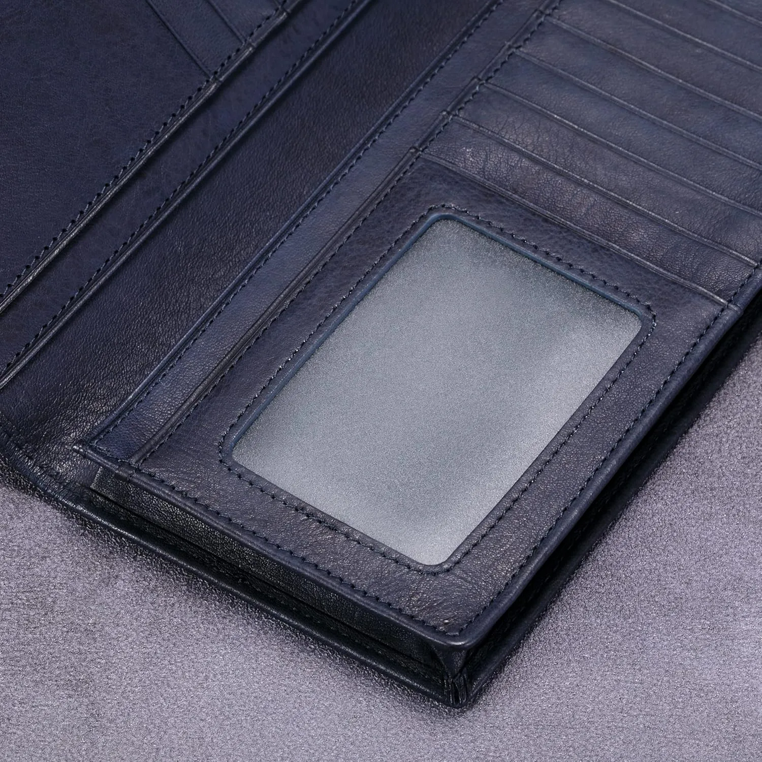 HISCOW Bifold Long Wallet with 15 Credit Card Slots - Italian Calfskin (Aniline Leather Blue)
