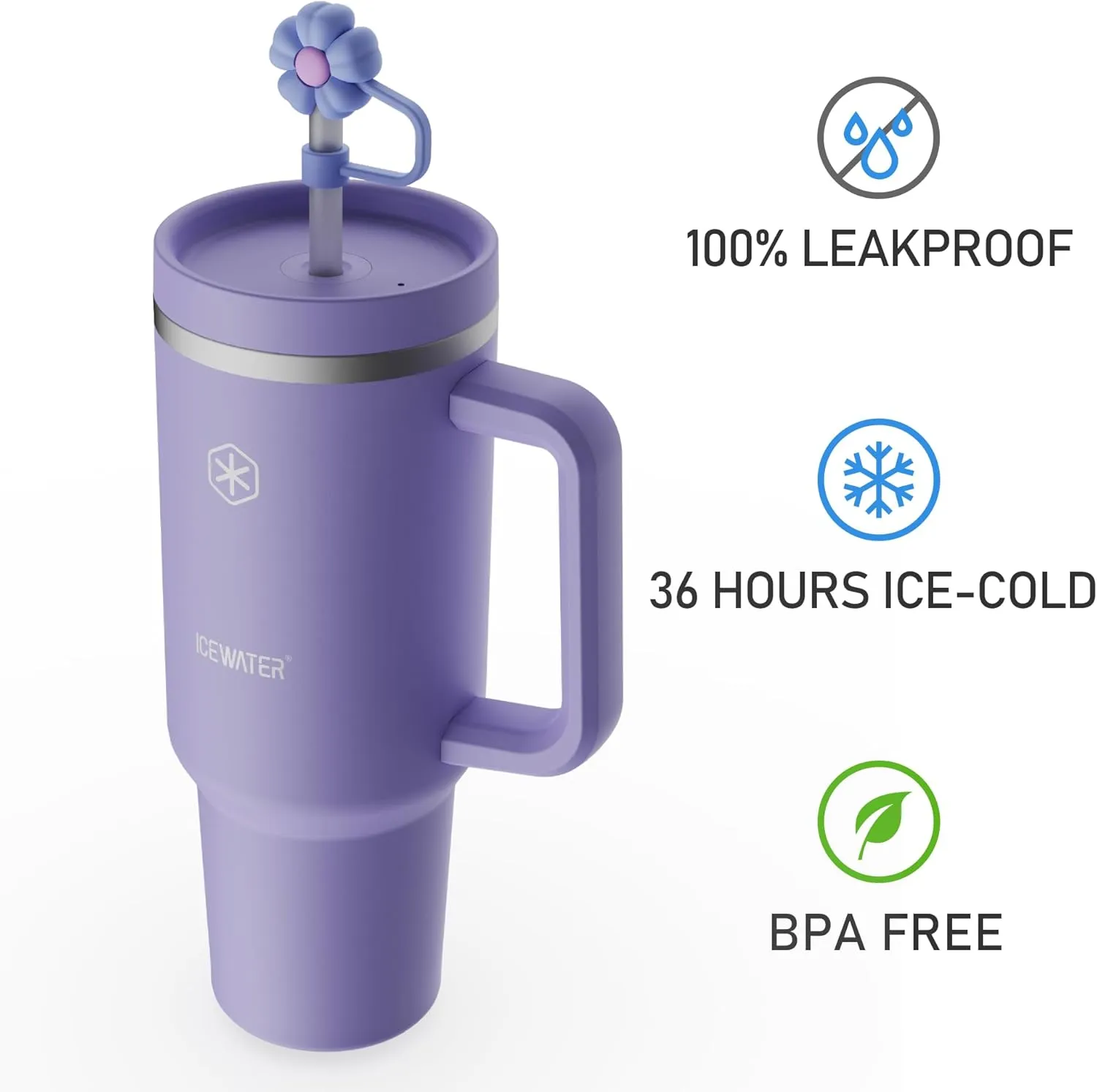 ICEWATER 40 oz Tumbler with Lid and Straw | 100% Leak Proof Insulated Tumbler with Handle,Cup Holder Friendly,Water Bottle for Coffee, Gifts for Women & Men (Lavender)